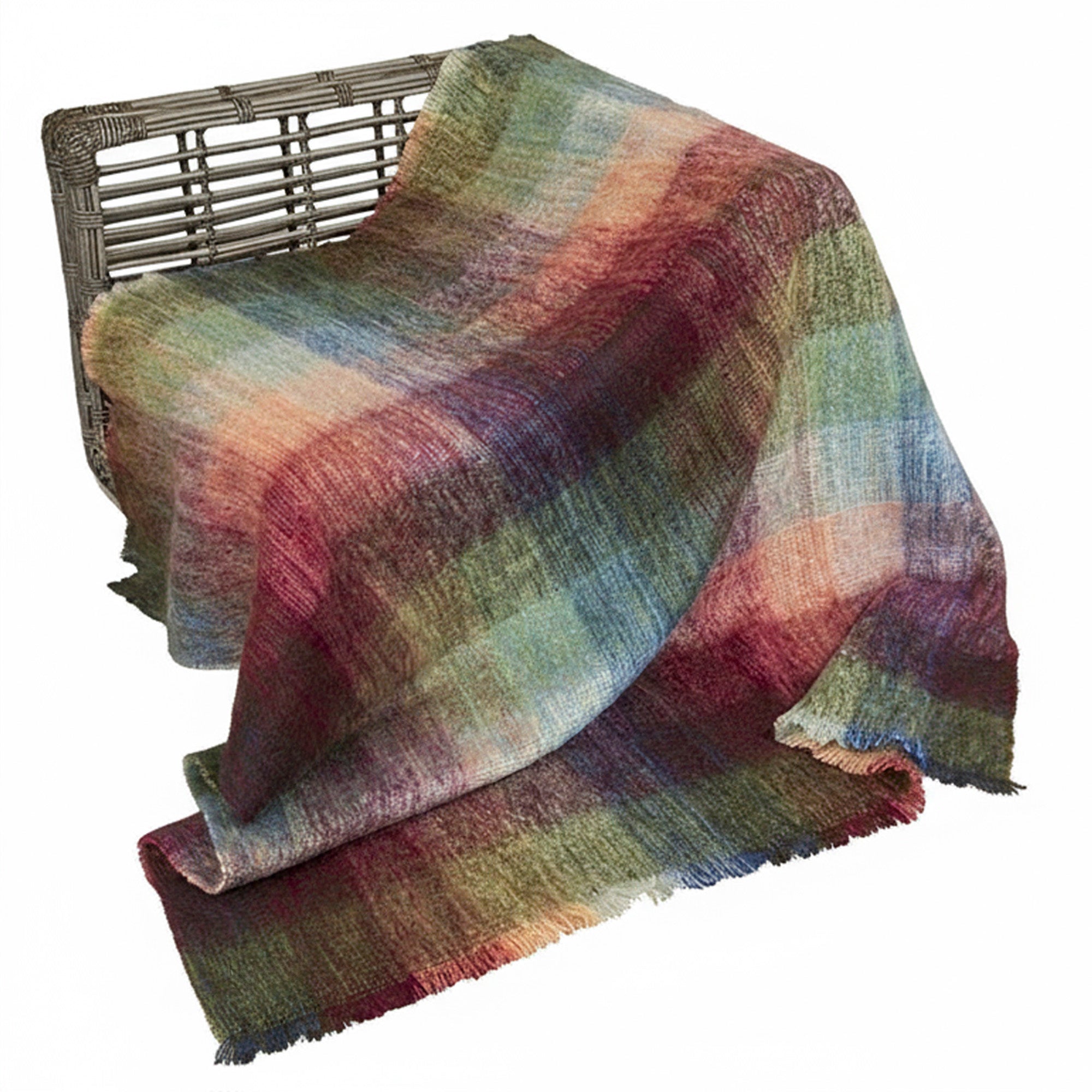 Irish Mohair Throw Blanket - Watercolour Monet Tartan Plaid, 70% Mohair Wool Blend (54" x 72")