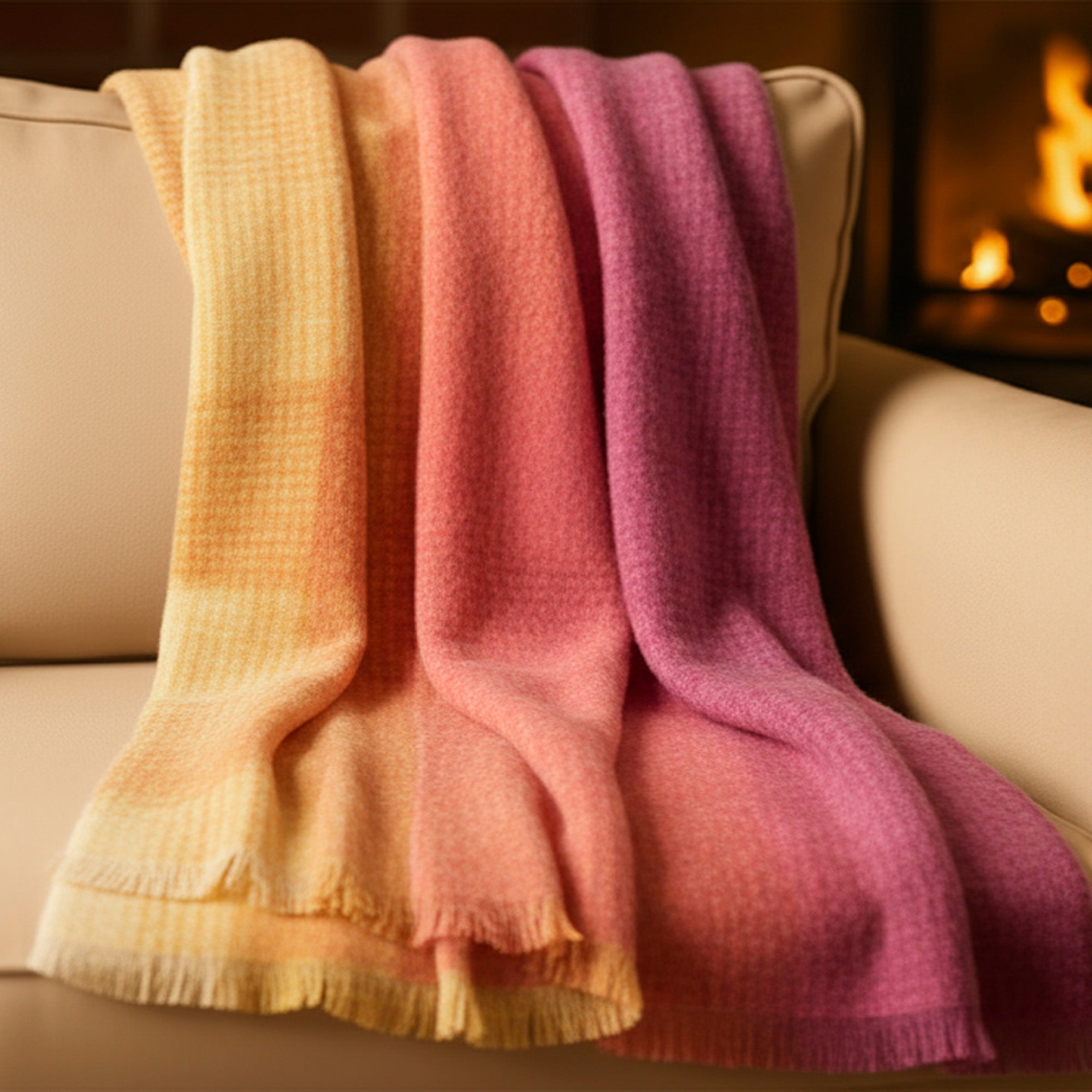 Irish Mohair Throw Blanket - Pink/Yellow/Purple Tartan Plaid, 70% Mohair Wool Blend (54" x 72")