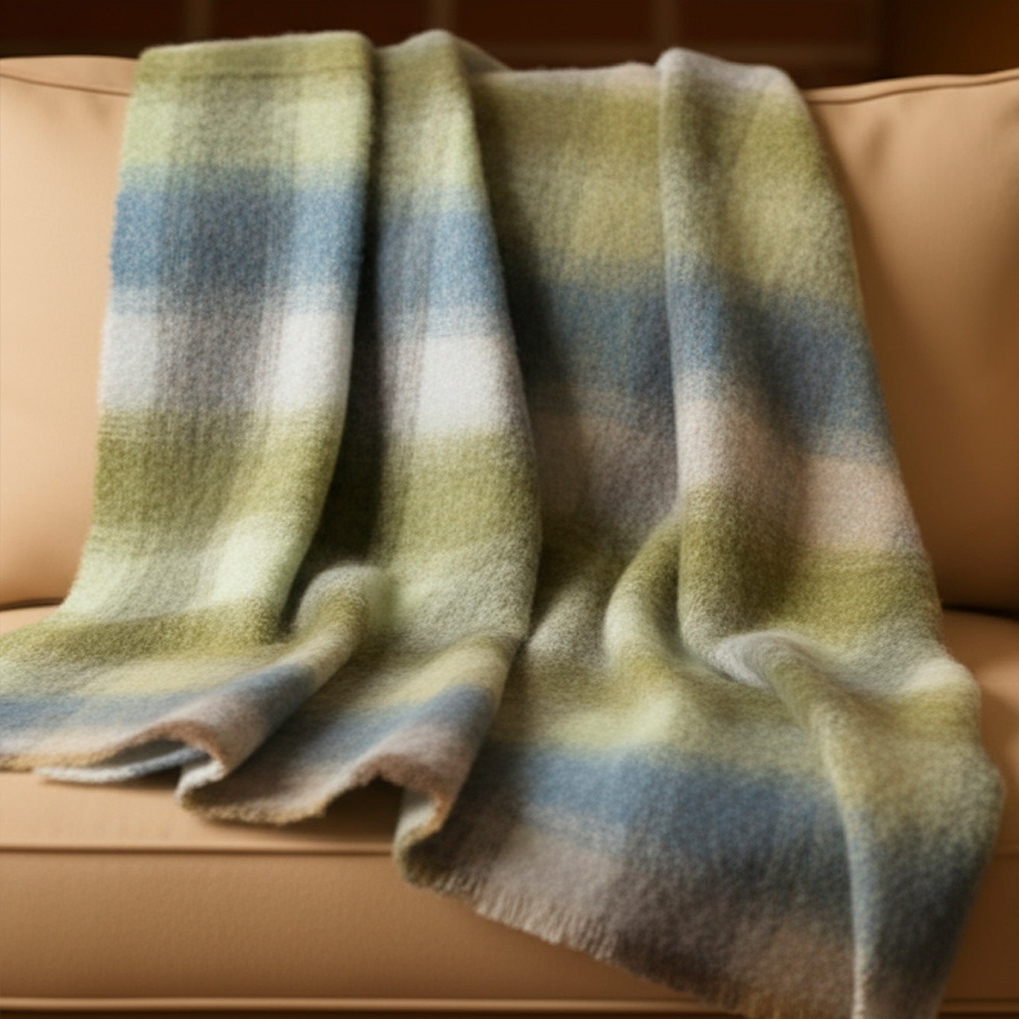 Irish Mohair Throw Blanket - Cream/Pale Blue/Green/Gray Tartan Plaid, 70% Mohair Wool Blend (54" x 72")