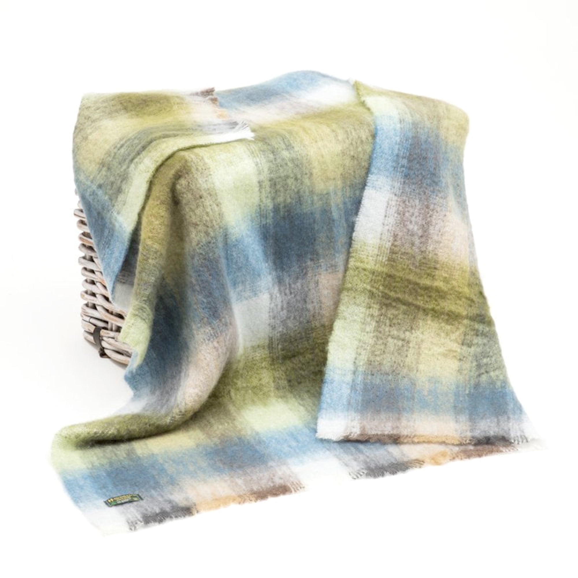 Irish Mohair Throw Blanket - Cream/Pale Blue/Green/Gray Tartan Plaid, 70% Mohair Wool Blend (54" x 72")