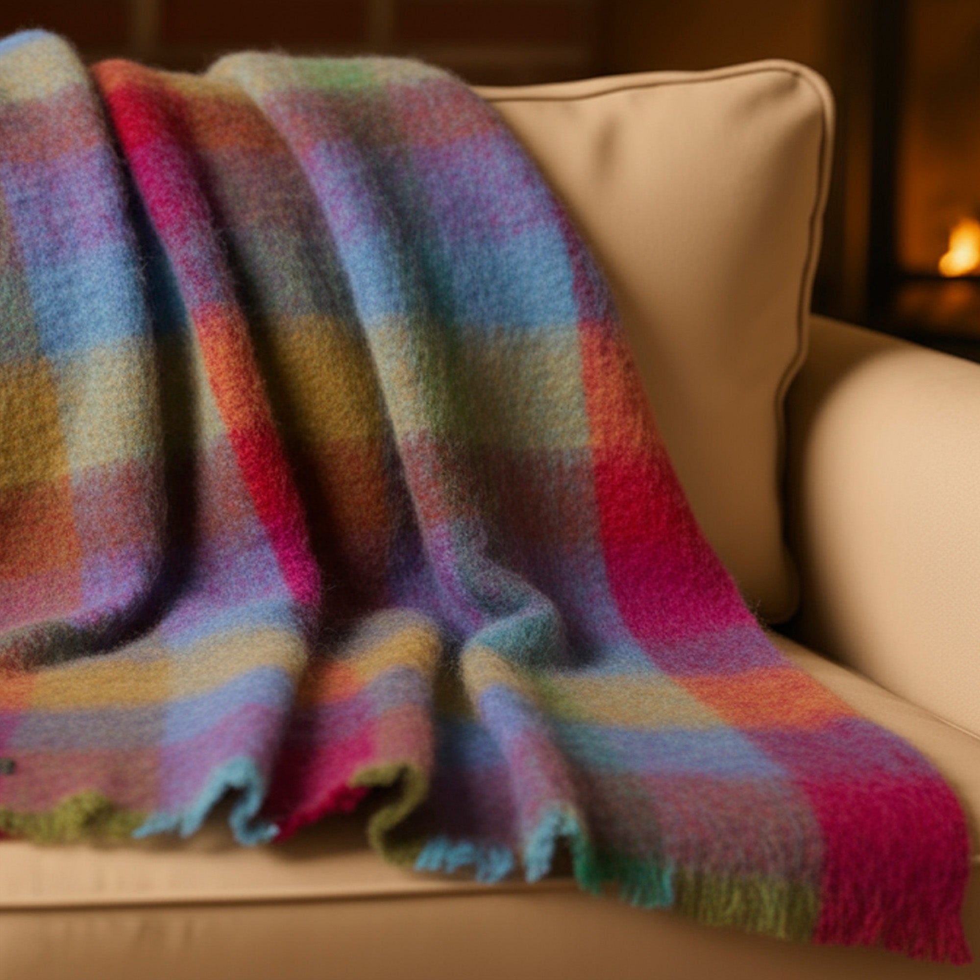 Irish Mohair Throw Blanket - Pink/Mustard/Purple/Aqua Tartan Plaid, 70% Mohair Wool Blend (54" x 72")