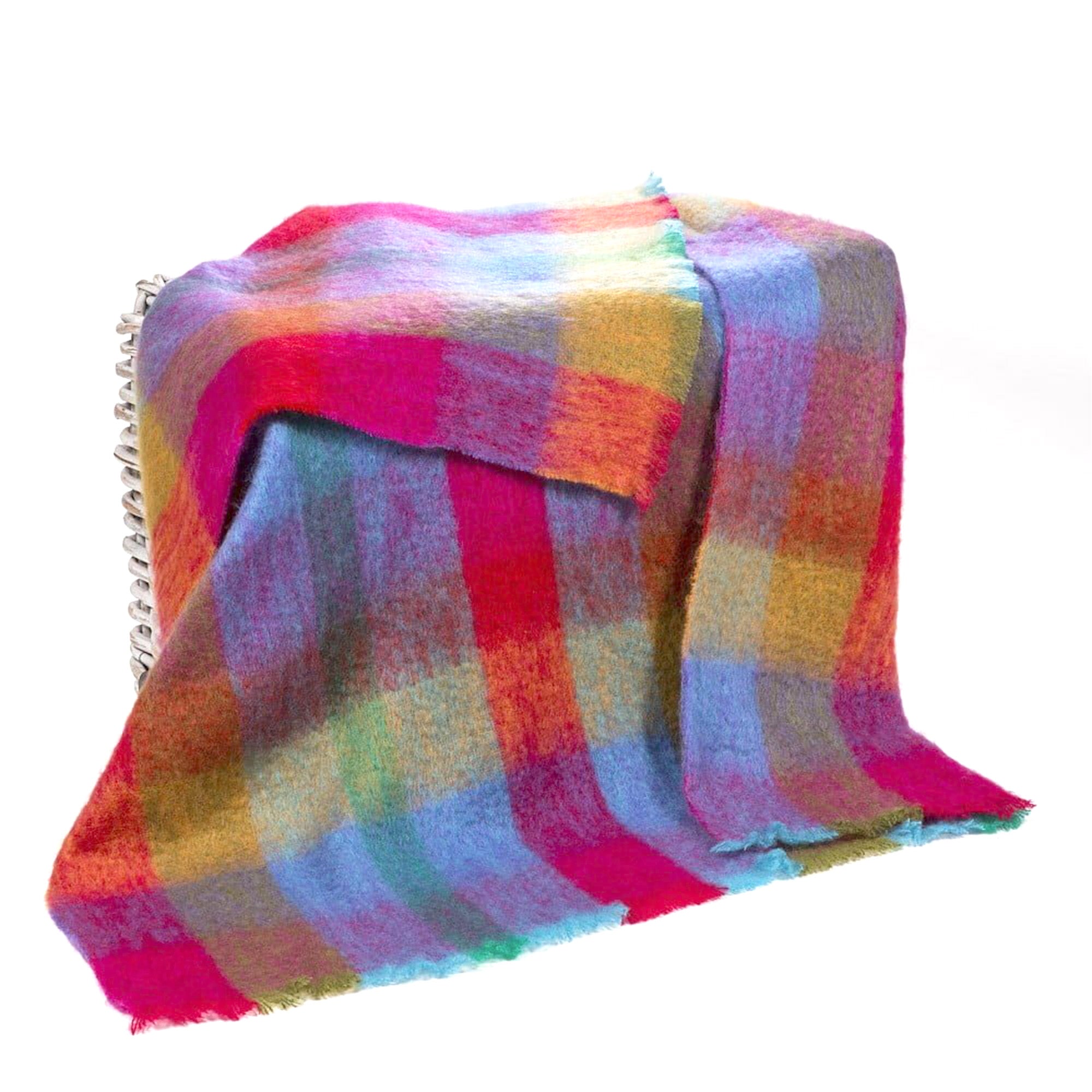 Irish Mohair Throw Blanket - Pink/Mustard/Purple/Aqua Tartan Plaid, 70% Mohair Wool Blend (54" x 72")