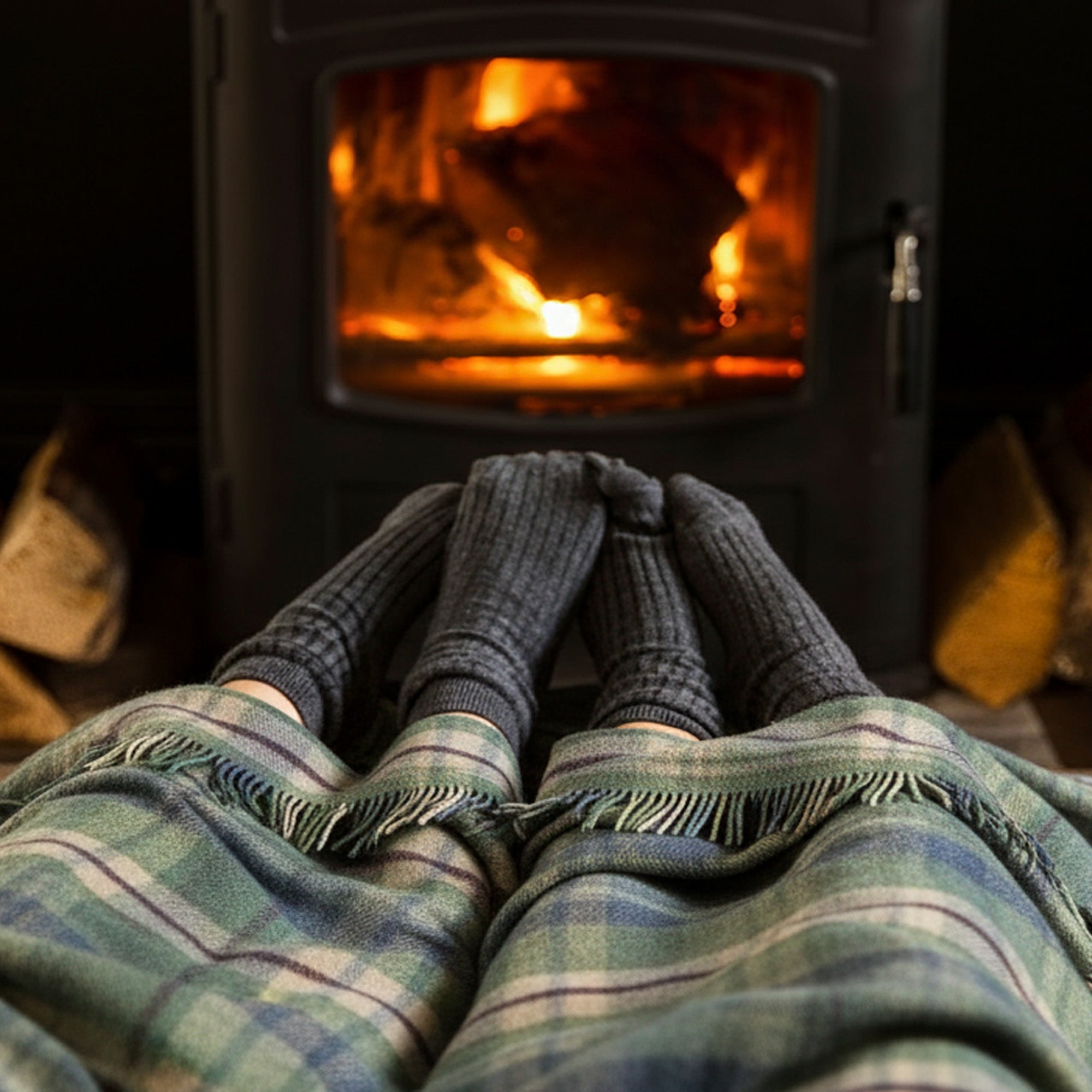 100% Irish Wool Tartan Throw Blanket - Denim Blue, Green & Burgundy (54" x 72")