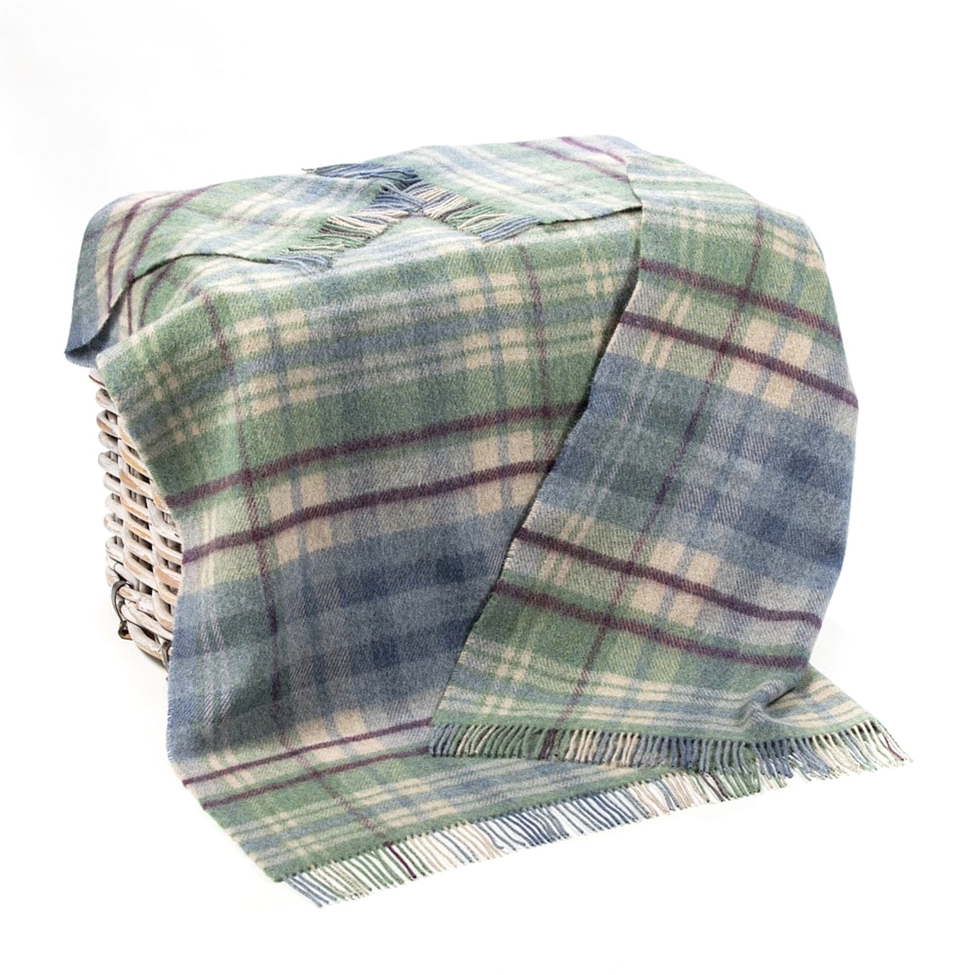 100% Irish Wool Tartan Throw Blanket - Denim Blue, Green & Burgundy (54" x 72")