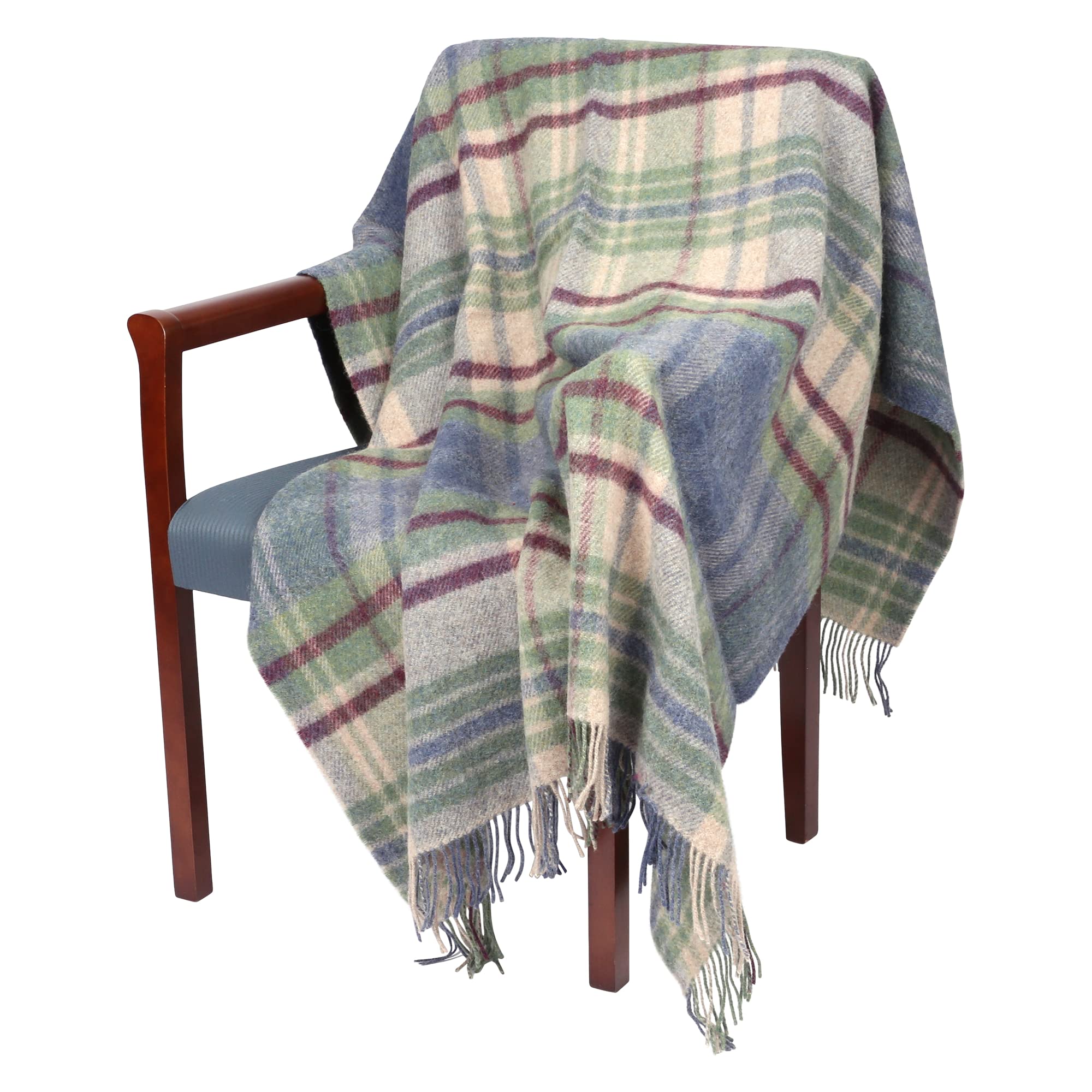 100% Irish Wool Tartan Throw Blanket - Denim Blue, Green & Burgundy (54" x 72")