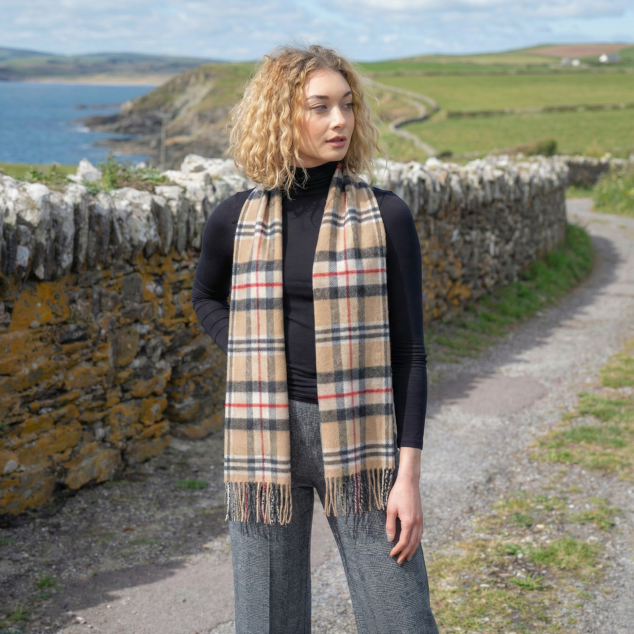 100% Brushed Merino Wool Scarf - Beige Black Red Tartan Plaid, 12" x 71", Made in Ireland