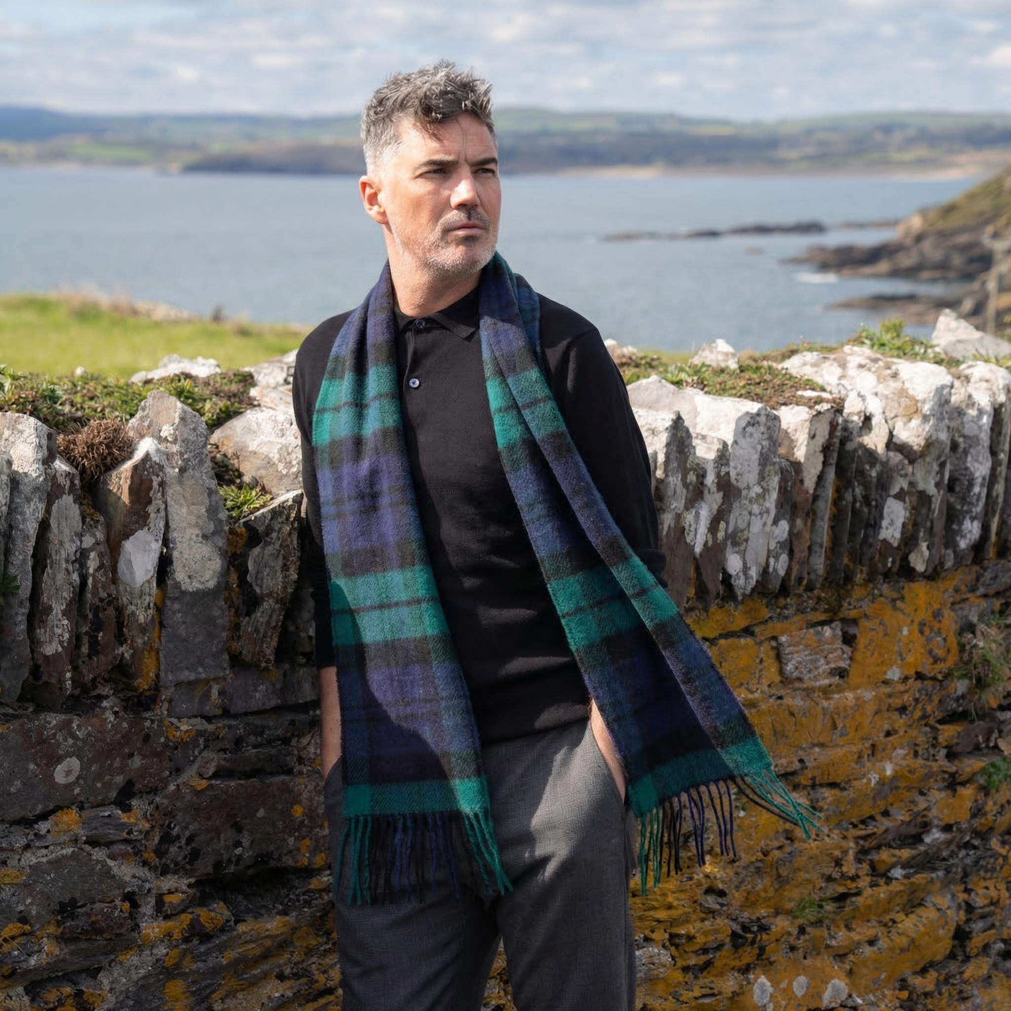 100% Irish Wool Scarf - Blackwatch Tartan Plaid, 9" x 78", Made in Ireland