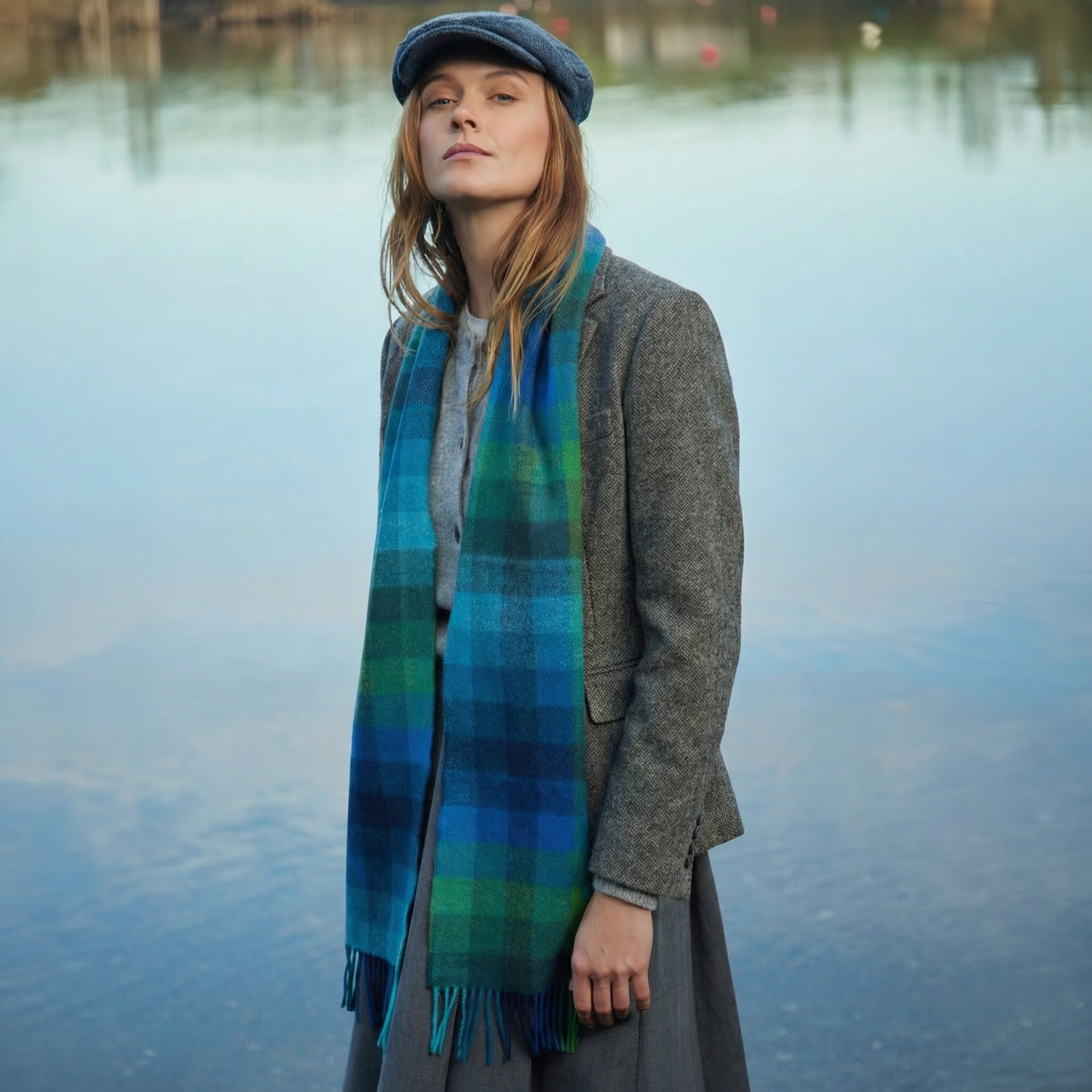 100% Irish Wool Scarf - Turquoise Green Blue Block Tartan Plaid, 9" x 78", Made in Ireland