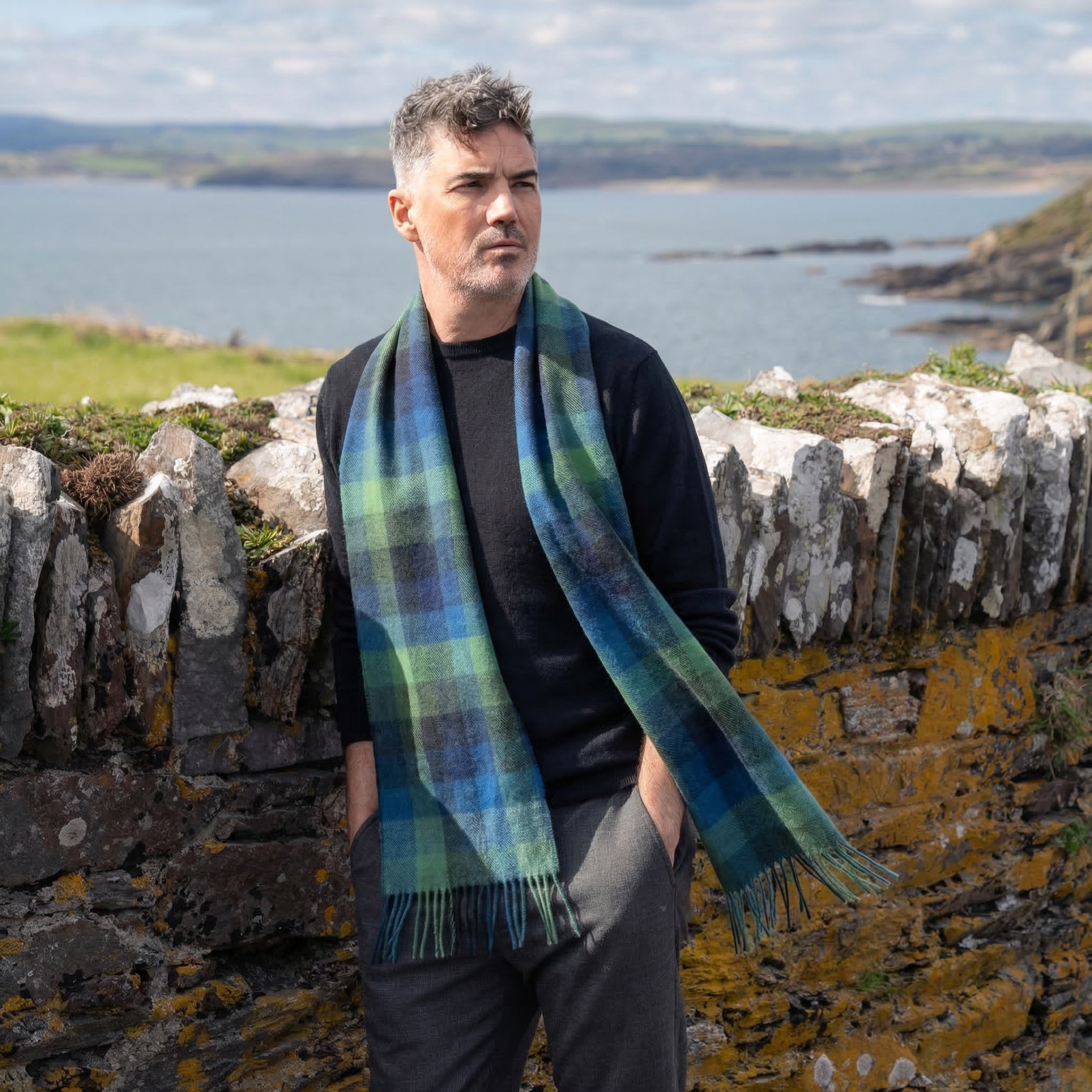 100% Irish Wool Scarf - Turquoise Green Blue Block Tartan Plaid, 9" x 78", Made in Ireland