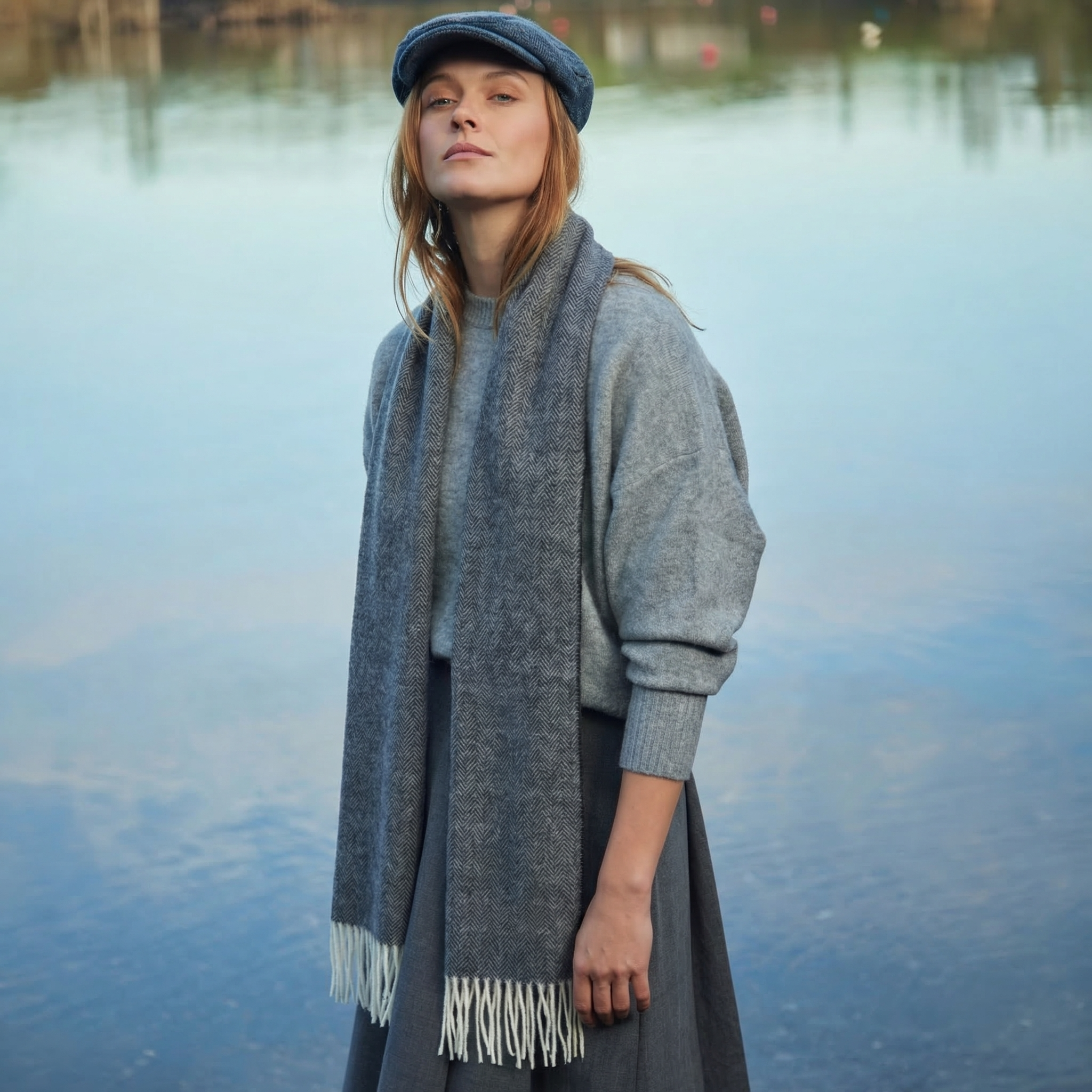 100% Irish Wool Scarf - Charcoal Herringbone, 9" x 78", Made in Ireland