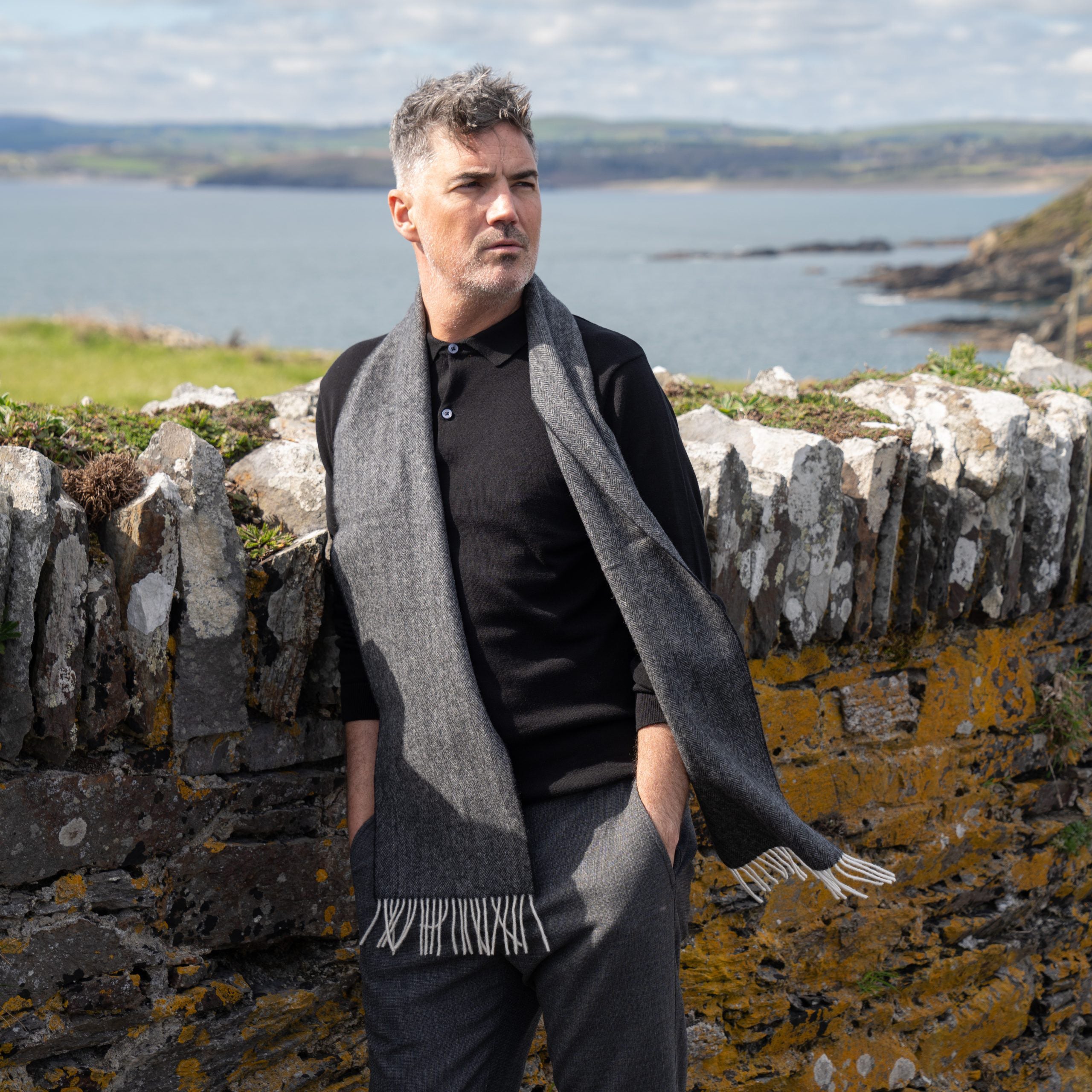 100% Irish Wool Scarf - Charcoal Herringbone, 9" x 78", Made in Ireland