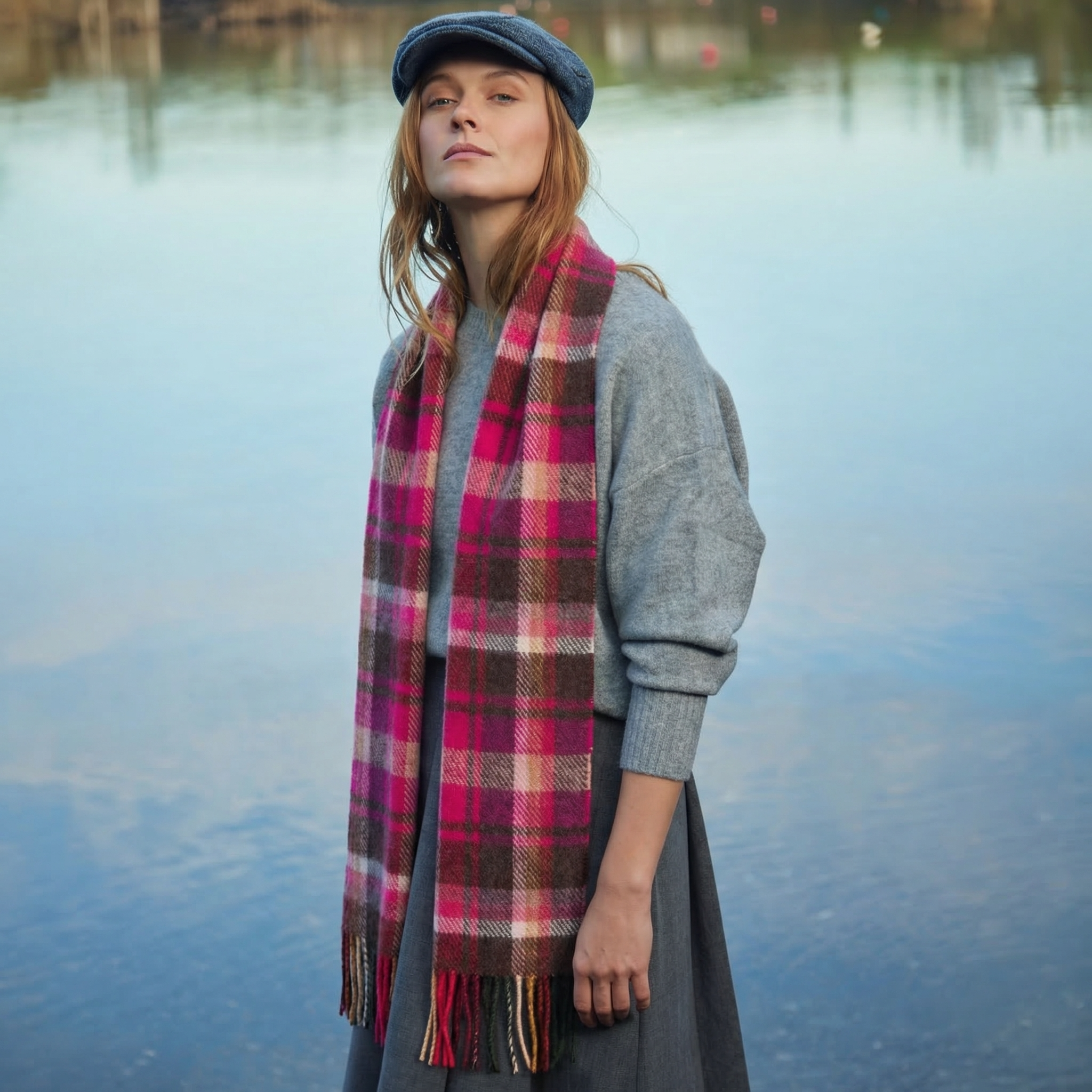 100% Irish Wool Scarf - Pink Maroon Check Tartan Plaid, 9" x 78", Made in Ireland