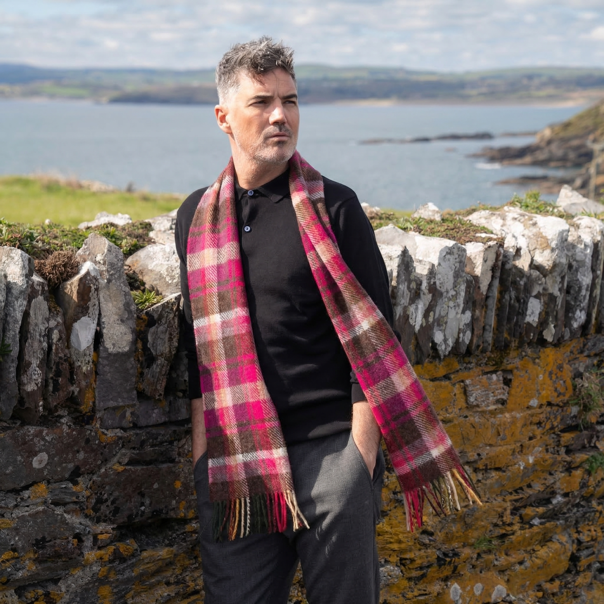 100% Irish Wool Scarf - Pink Maroon Check Tartan Plaid, 9" x 78", Made in Ireland