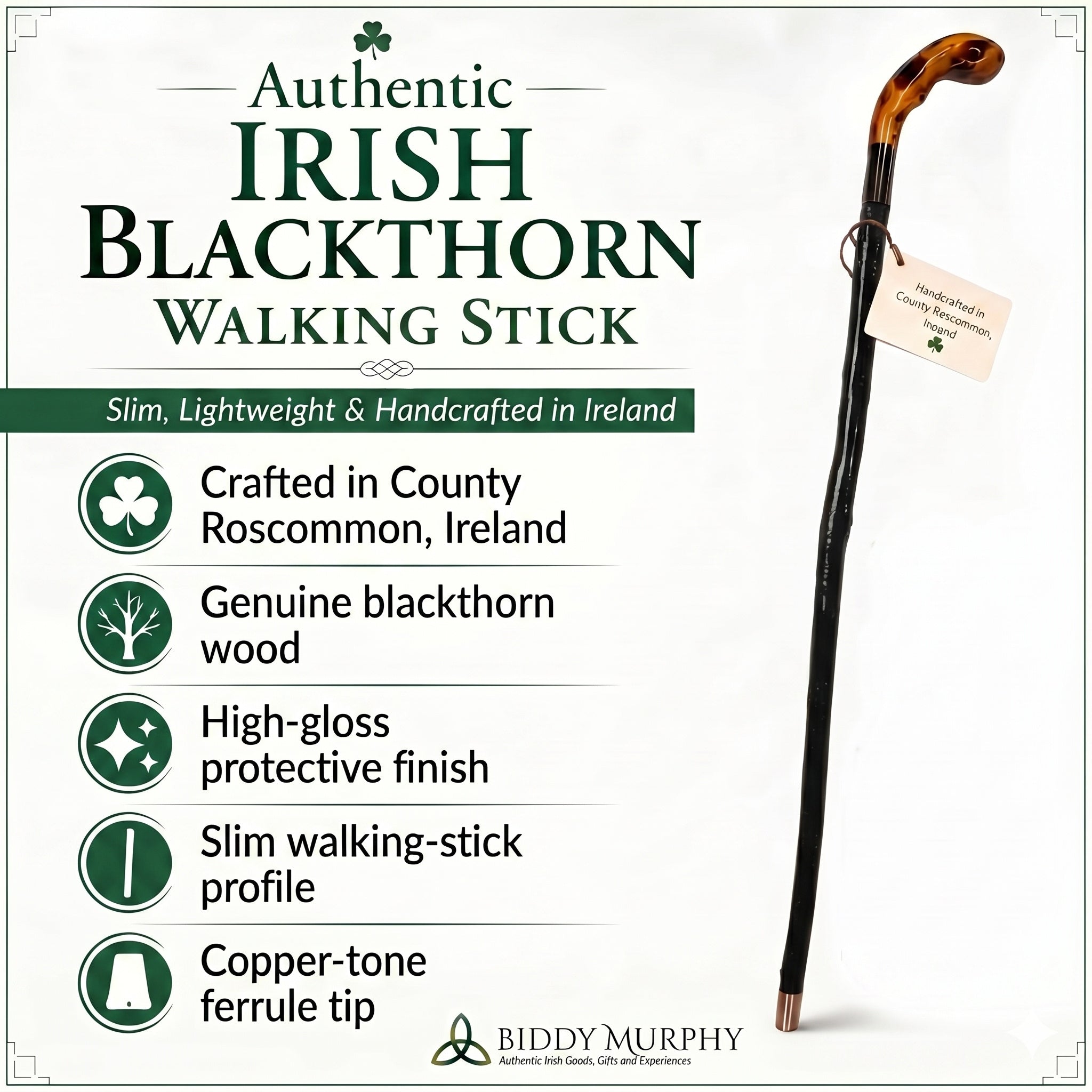 Shillelagh Walking Stick with Box, Handcrafted in Ireland Blackthorn Wood Cane, Black Lacquered Finish