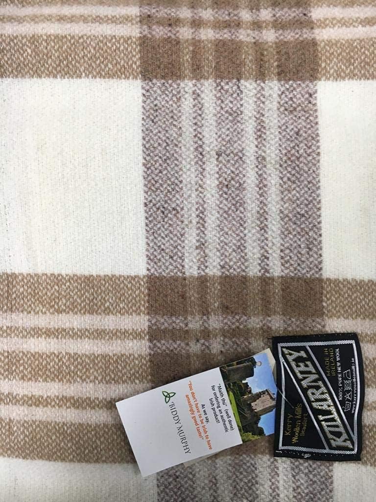 90" x 108" Beige Irish Plaid 100% Wool Blanket - Woven in Ireland, Fits King or Queen Size Bed