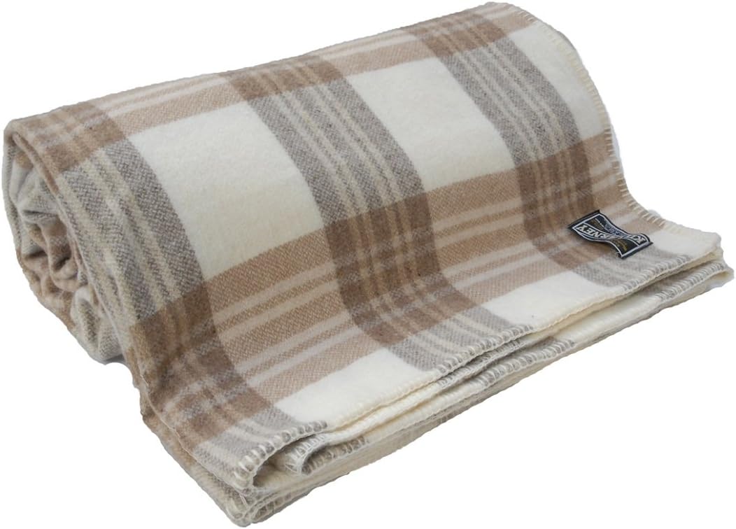 90" x 108" Beige Irish Plaid 100% Wool Blanket - Woven in Ireland, Fits King or Queen Size Bed