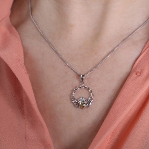 Irish Sterling Silver 10K Gold Heart Claddagh Necklace for Women