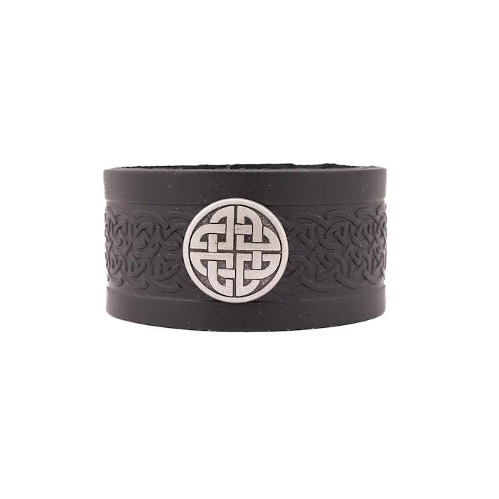 Irish Genuine Leather Cuff Bracelet with Celtic Knot Medallion