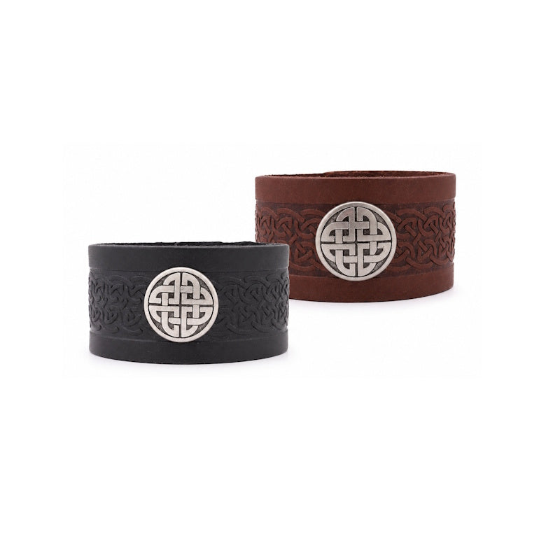 Irish Genuine Leather Cuff Bracelet with Celtic Knot Medallion