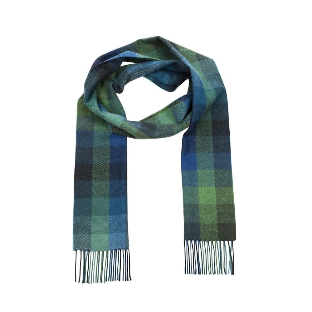100% Irish Wool Scarf - Turquoise Green Blue Block Tartan Plaid, 9" x 78", Made in Ireland