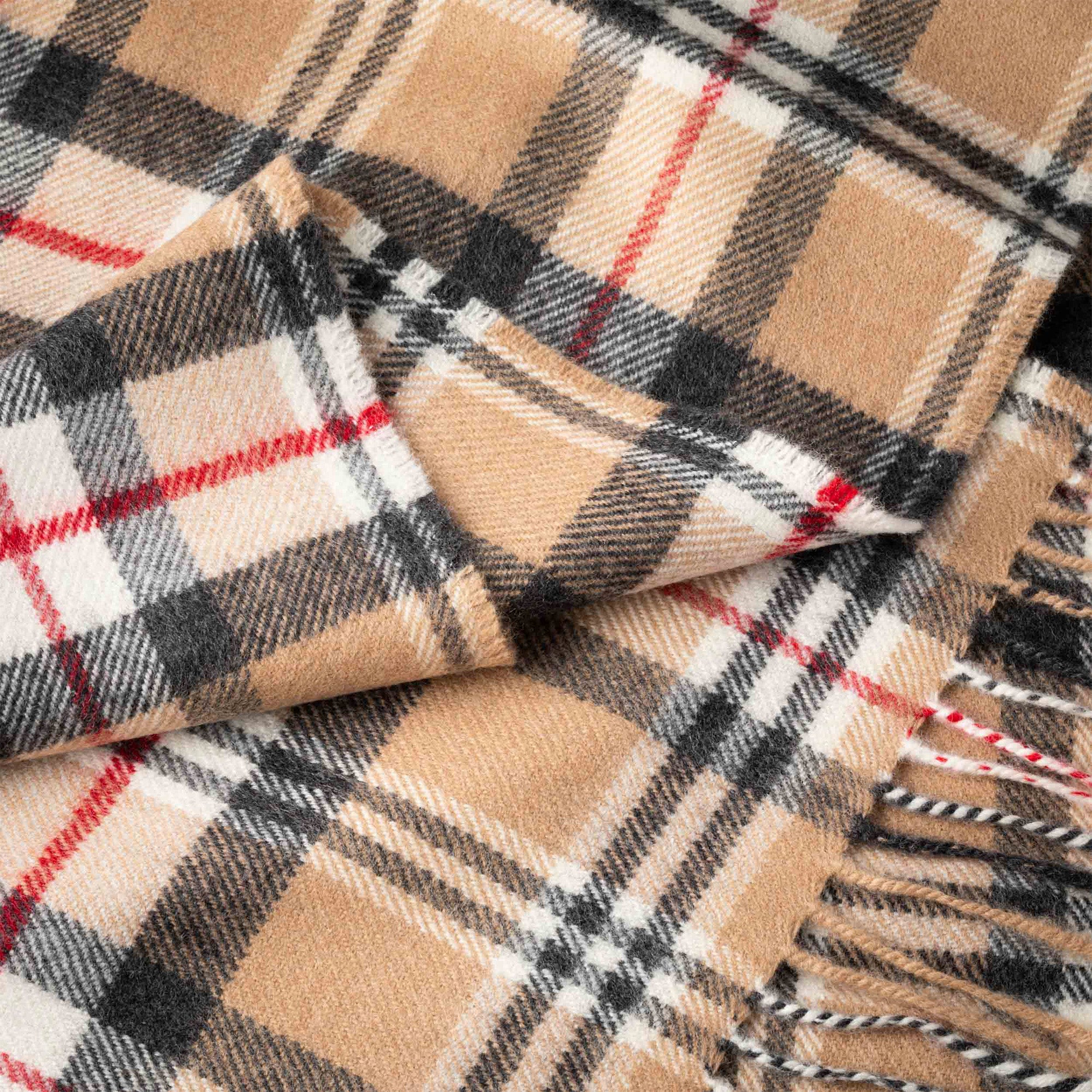 100% Brushed Merino Wool Scarf - Beige Black Red Tartan Plaid, 12" x 71", Made in Ireland