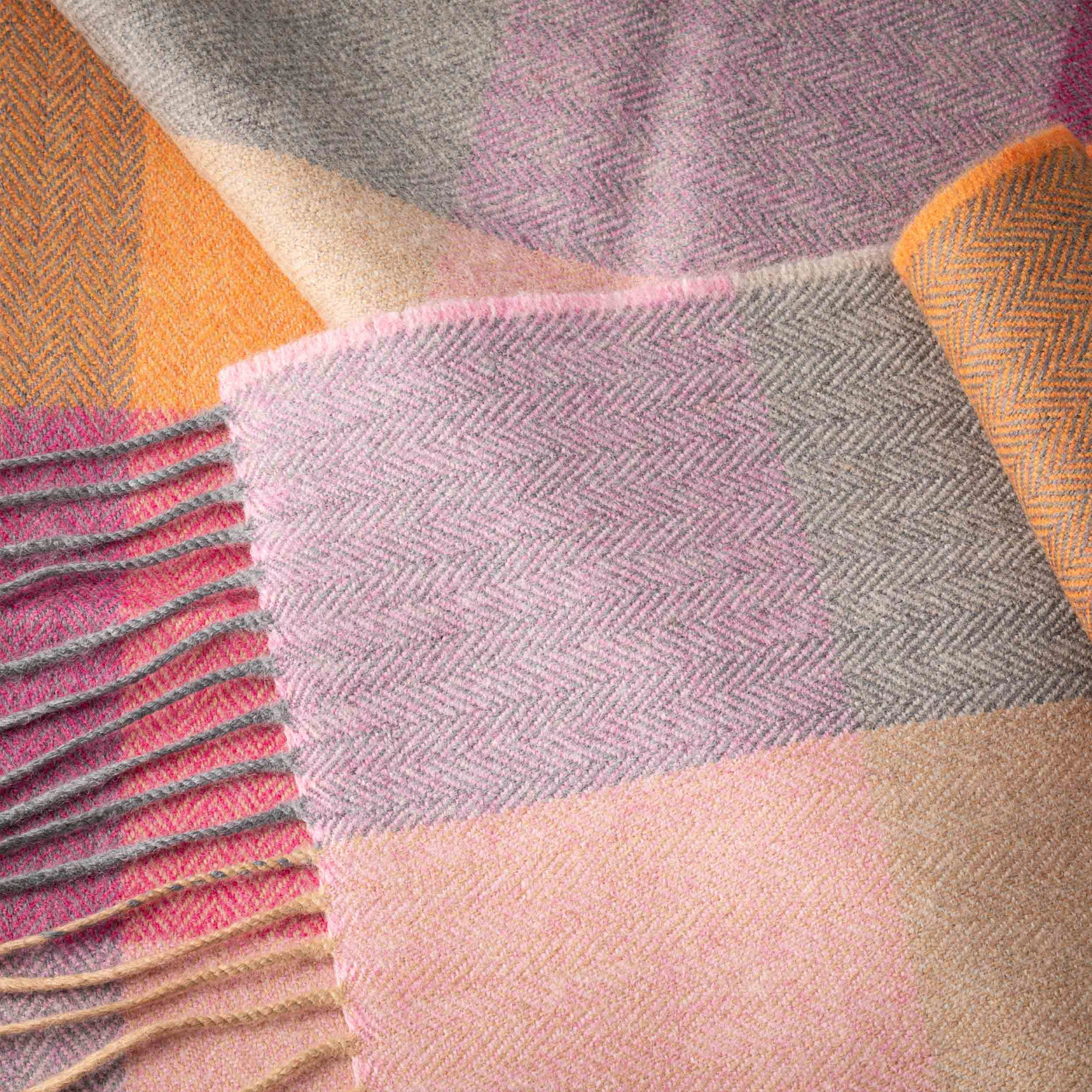 100% Brushed Merino Wool Scarf - Beige Rust Pink Tartan Plaid, 12" x 71", Made in Ireland