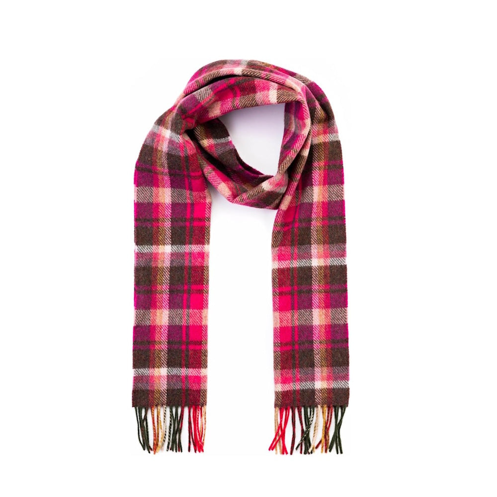 100% Irish Wool Scarf - Pink Maroon Check Tartan Plaid, 9" x 78", Made in Ireland