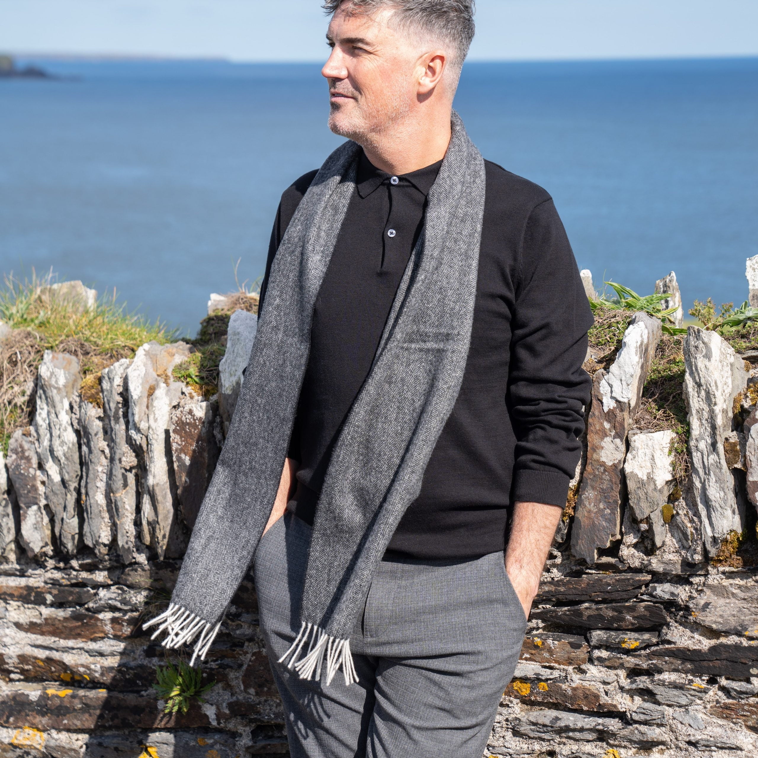 100% Irish Wool Scarf - Charcoal Herringbone, 9" x 78", Made in Ireland