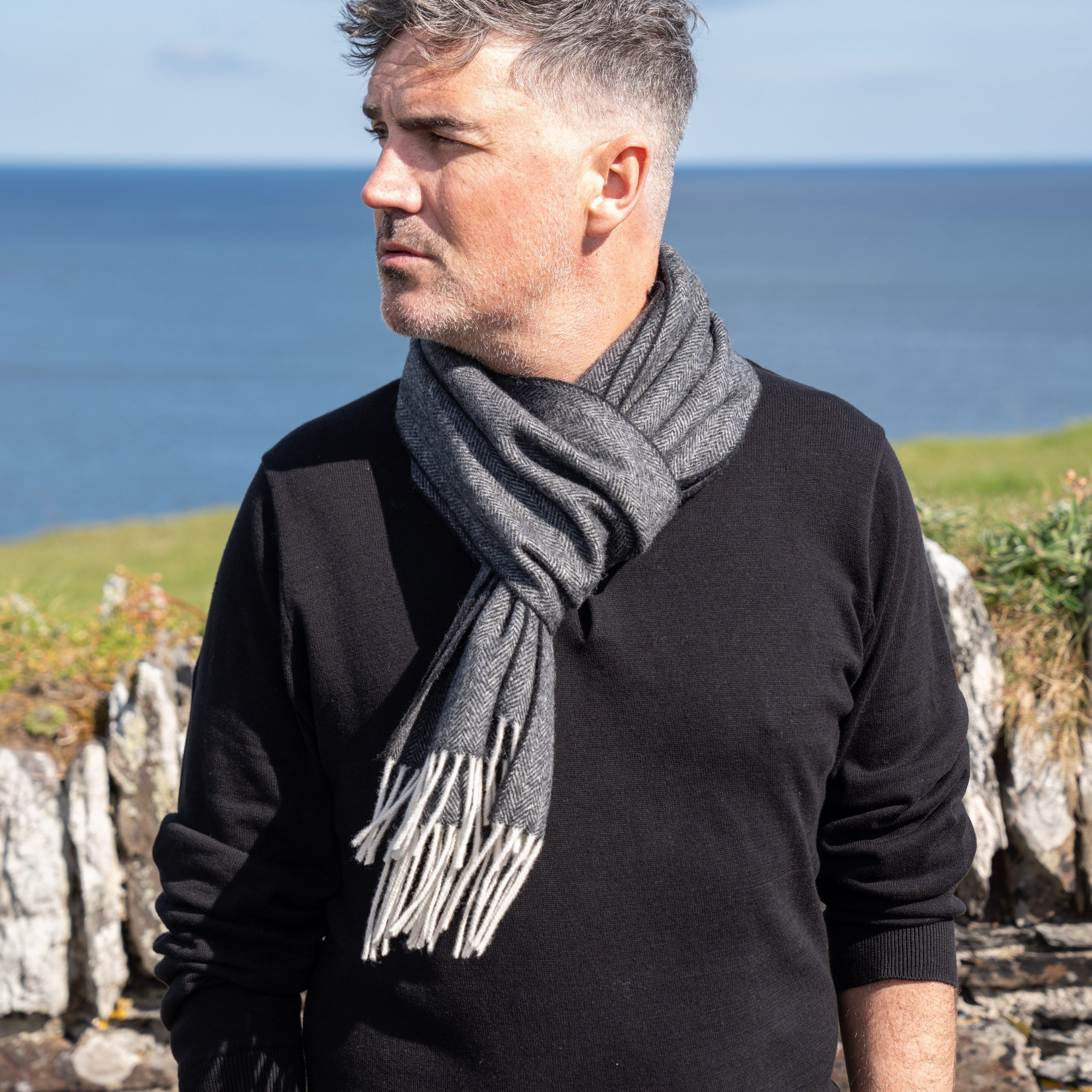 100% Irish Wool Scarf - Charcoal Herringbone, 9" x 78", Made in Ireland