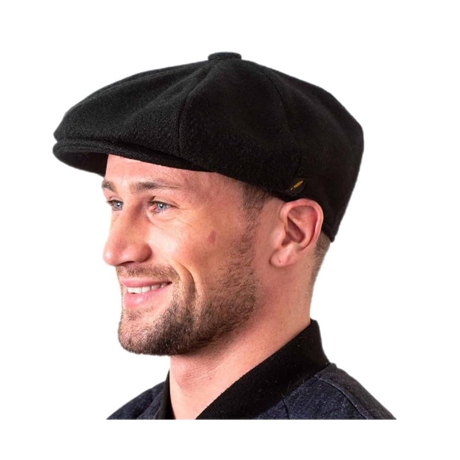 Irish Wool Tweed Newsboy Flat Cap – Black Herringbone 8-Piece, 100% Donegal Wool Hat with Button Fastening