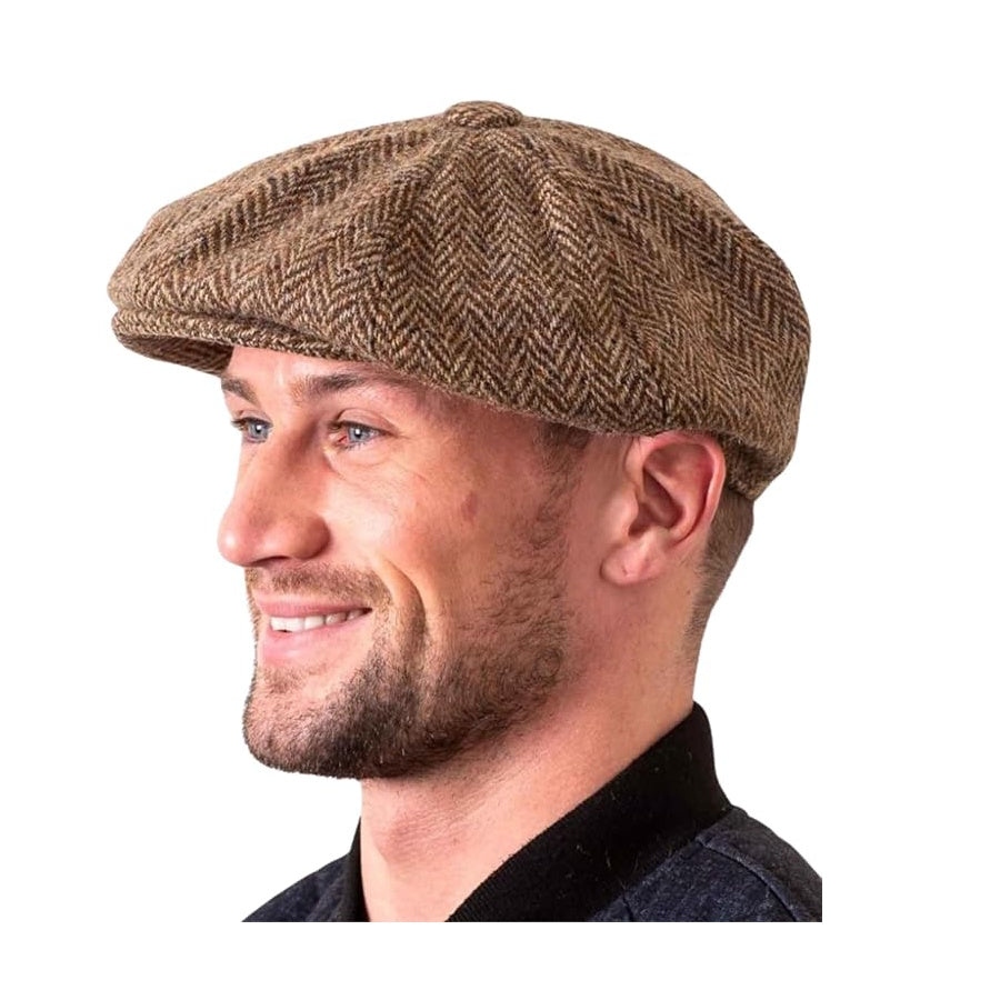 Irish Wool Tweed Newsboy Flat Cap – Brown Herringbone 8-Piece, 100% Donegal Wool Hat with Button Fastening