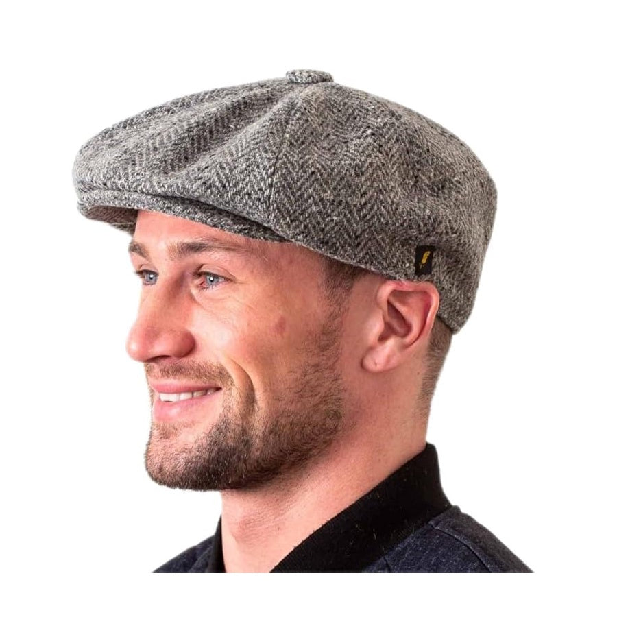 Irish Wool Tweed Newsboy Flat Cap – Light Gray Herringbone 8-Piece, 100% Donegal Wool Hat with Button Fastening