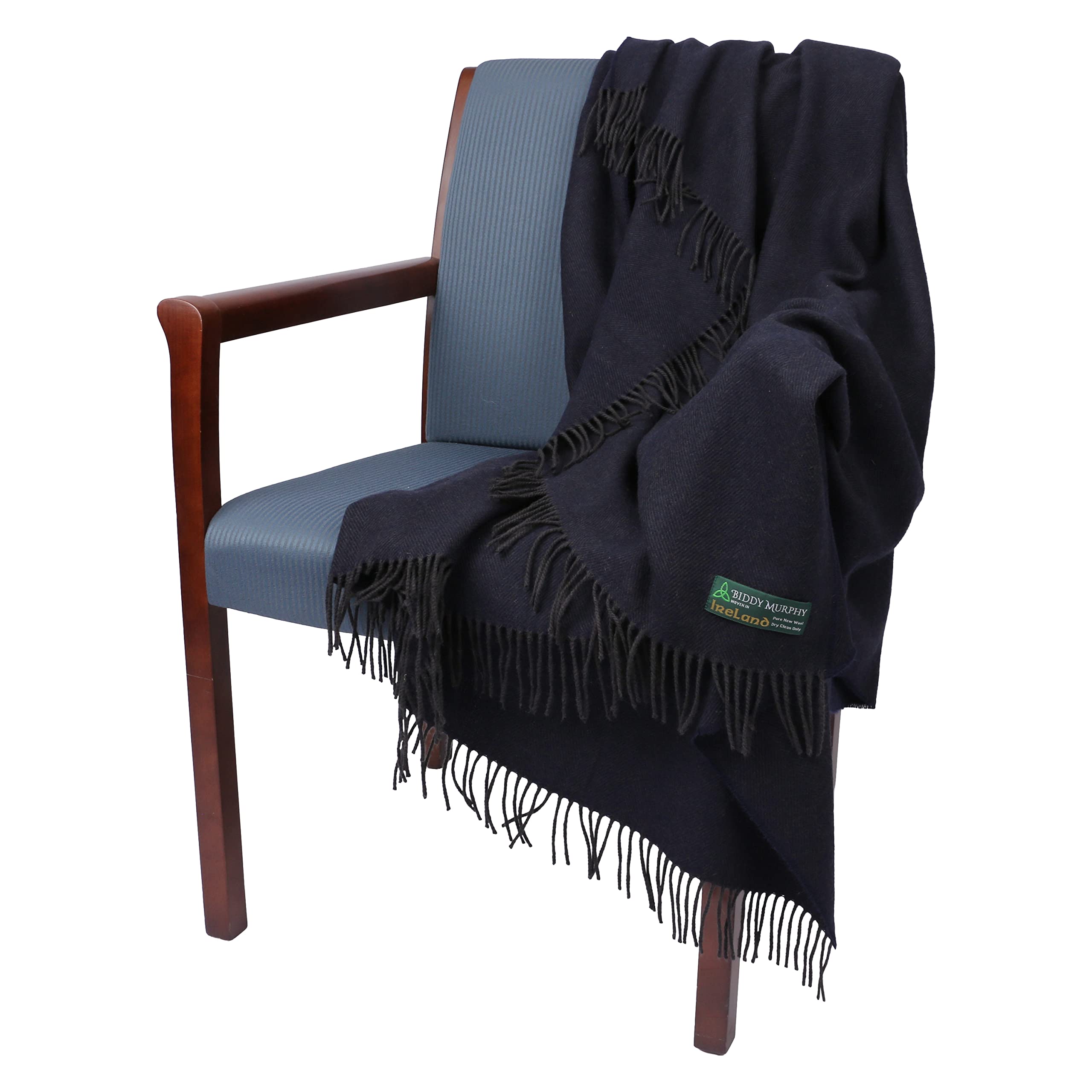100% Soft Irish Lambswool Throw Toss Blanket, 79" x 57" Darkened Navy Herringbone, Made in Ireland