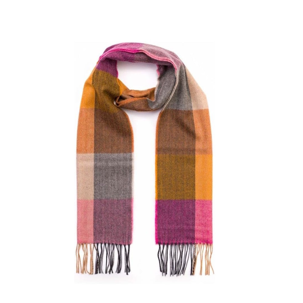 100% Brushed Merino Wool Scarf - Beige Rust Pink Tartan Plaid, 12" x 71", Made in Ireland