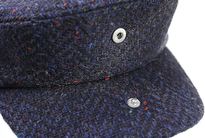 Irish Tweed Flat Cap with Curved Peak - Navy Herringbone, 100% Wool Driving Hat