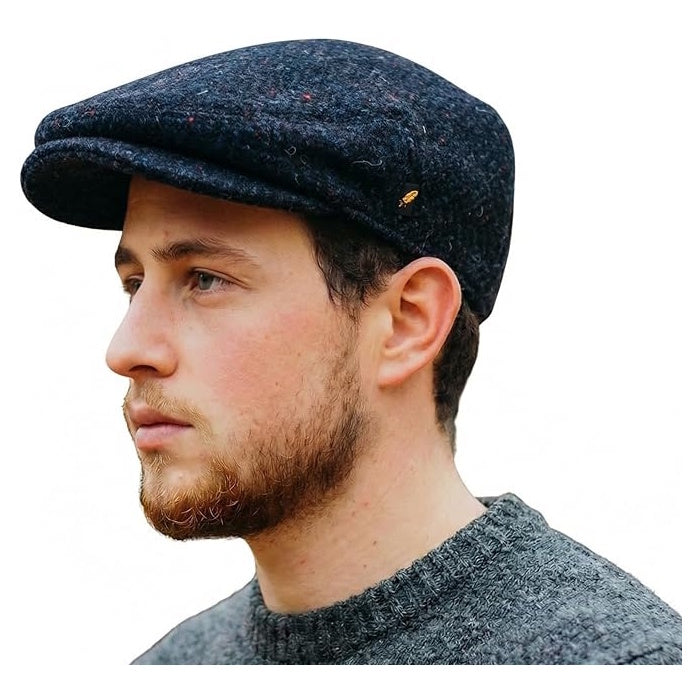 Irish Tweed Flat Cap with Curved Peak - Navy Herringbone, 100% Wool Driving Hat