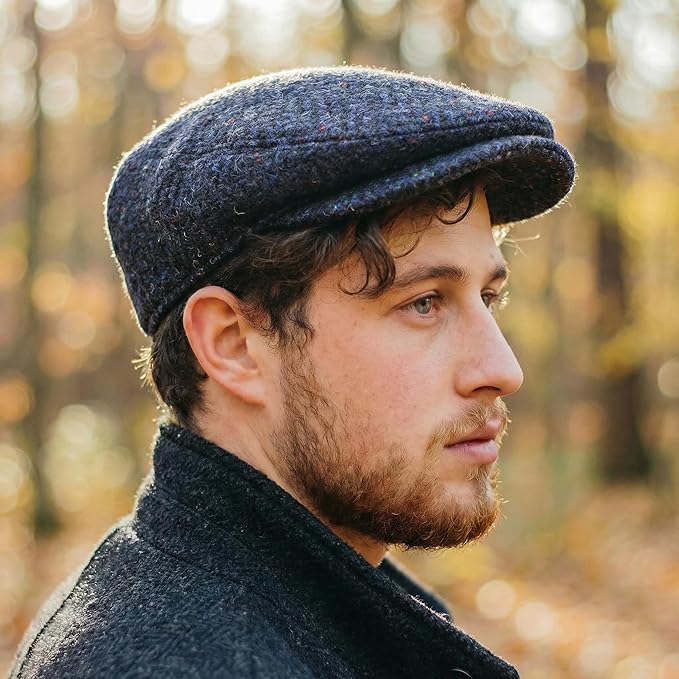 Irish Tweed Flat Cap with Curved Peak - Navy Herringbone, 100% Wool Driving Hat