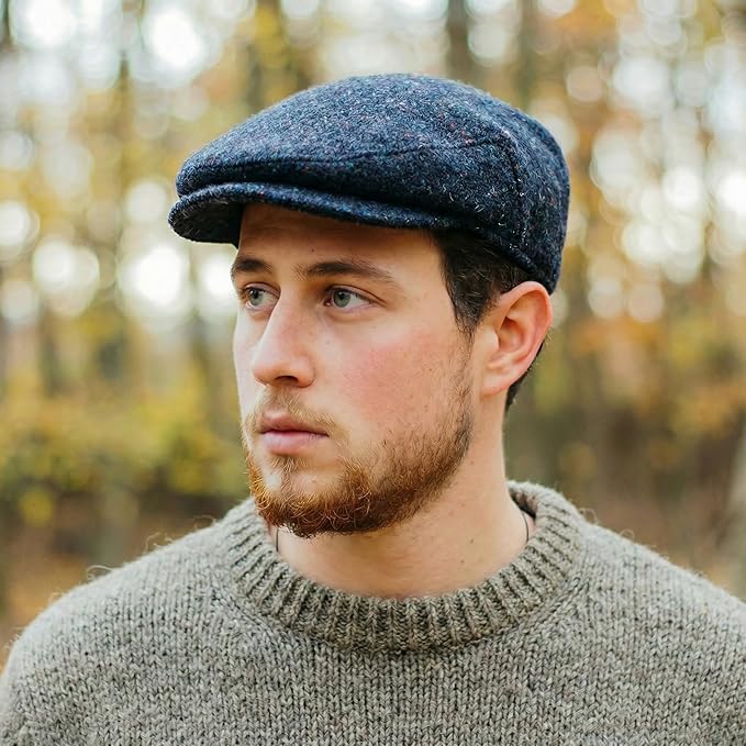Irish Tweed Flat Cap with Curved Peak - Navy Herringbone, 100% Wool Driving Hat