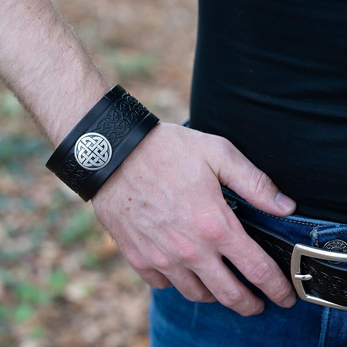 Irish Genuine Leather Cuff Bracelet with Celtic Knot Medallion