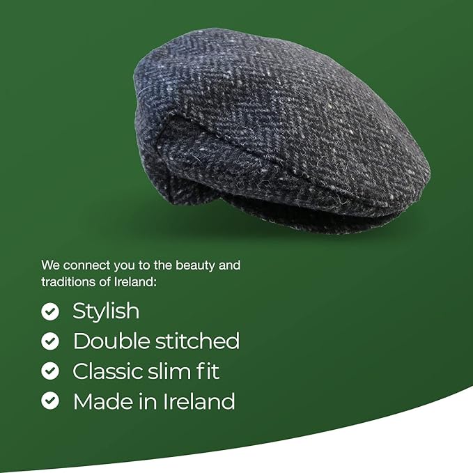 Irish Tweed Flat Cap - Gray Herringbone 100% Wool Vintage Hat