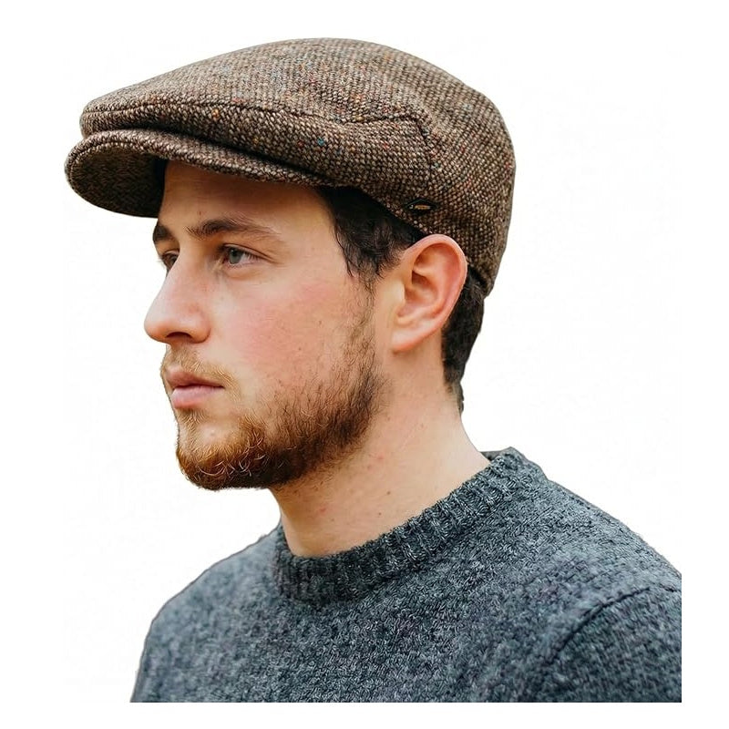 Irish Tweed Flat Cap with Curved Peak - Brown Fleck, 100% Wool Driving Hat