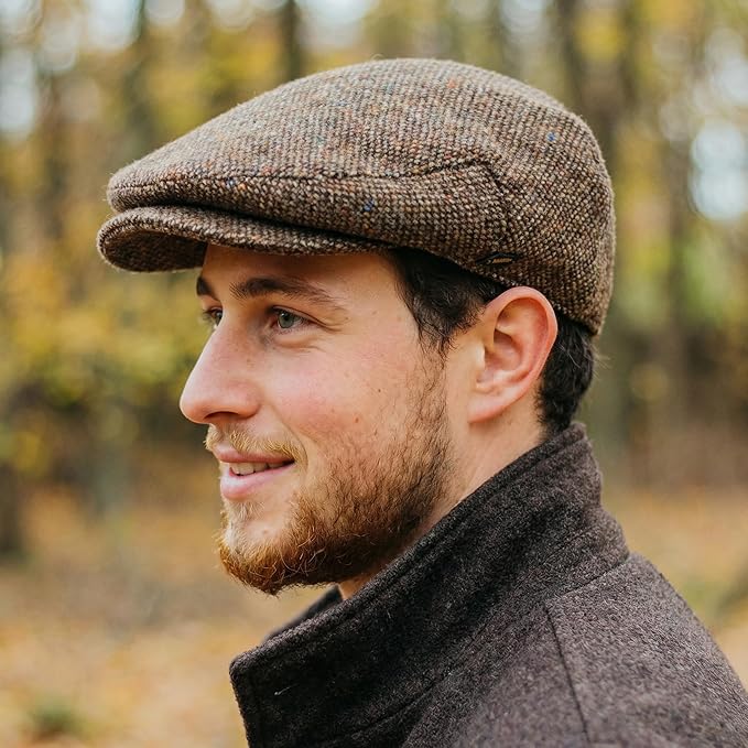 Irish Tweed Flat Cap with Curved Peak - Brown Fleck, 100% Wool Driving Hat