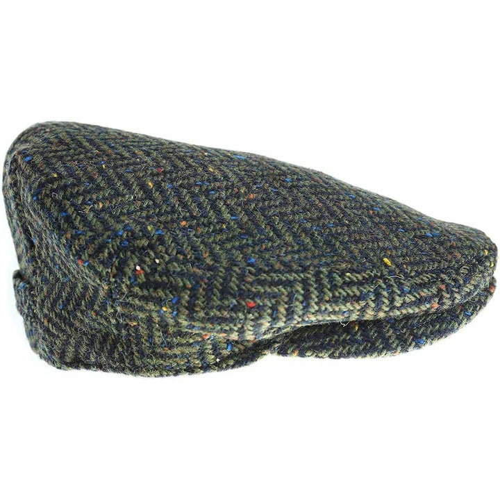 Irish Donegal Tweed Flat Cap - Green Herringbone, 100% Wool Hat With Curved Peak