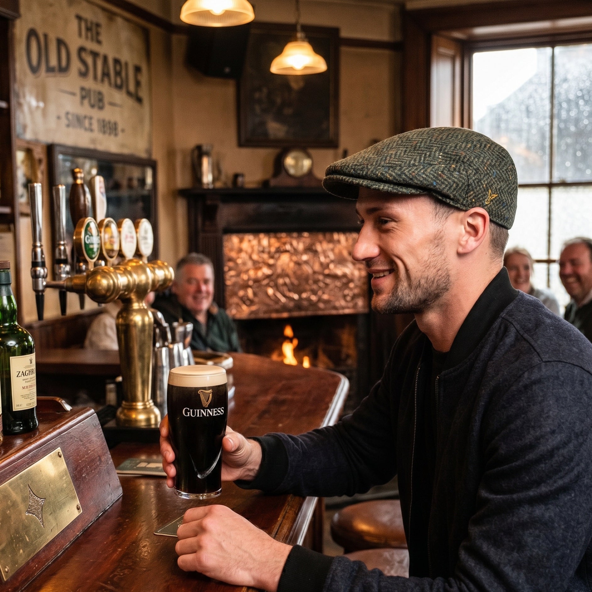 Irish Donegal Tweed Flat Cap - Green Herringbone, 100% Wool Hat With Curved Peak