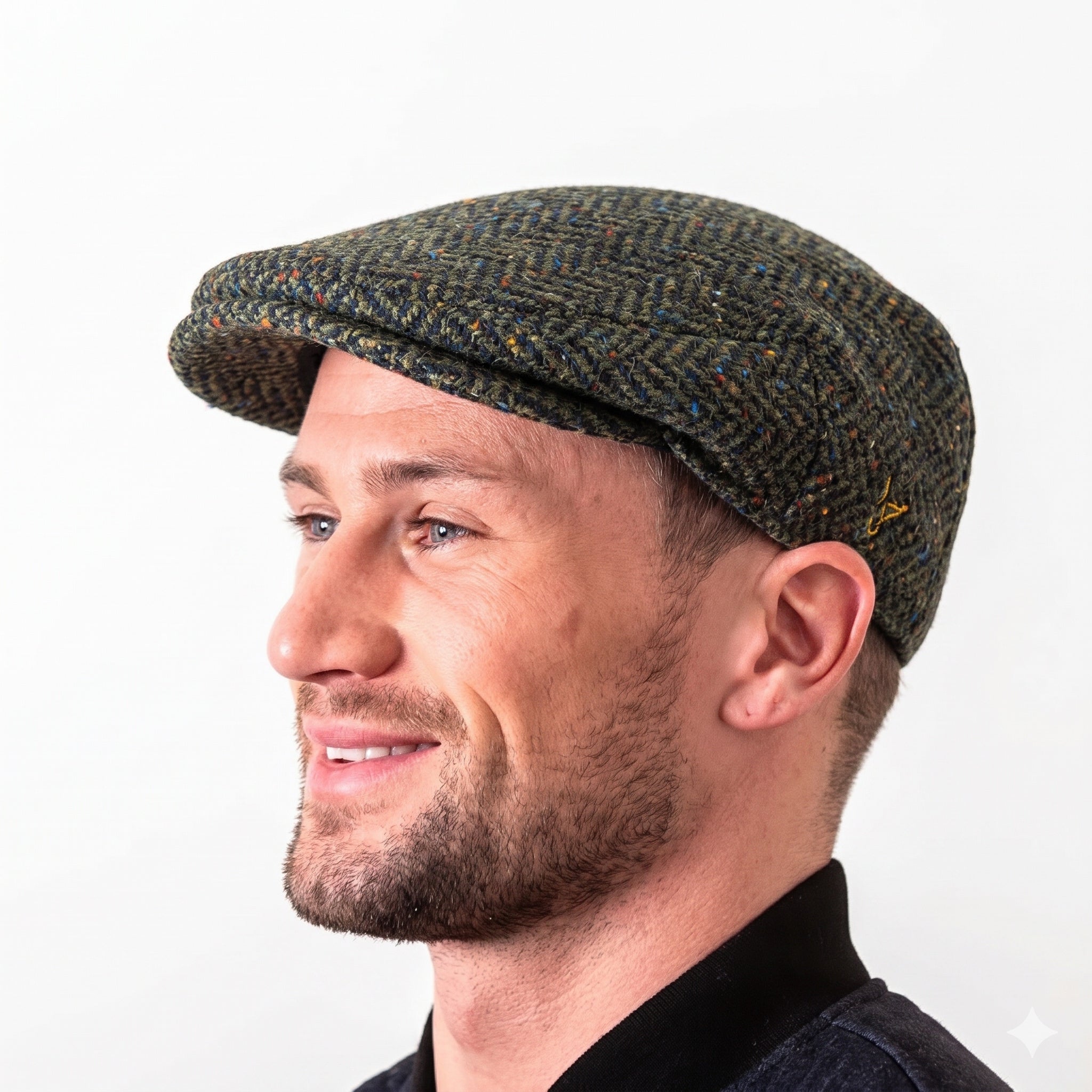 Irish Donegal Tweed Flat Cap - Green Herringbone, 100% Wool Hat With Curved Peak