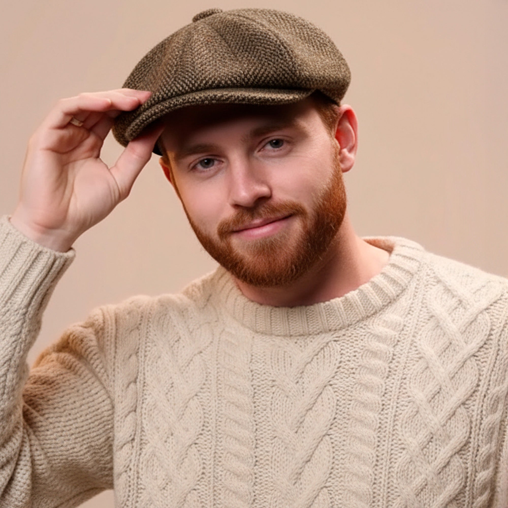 Irish Wool Tweed Newsboy Flat Cap – Brown Herringbone 8-Piece, 100% Donegal Wool Hat with Button Fastening