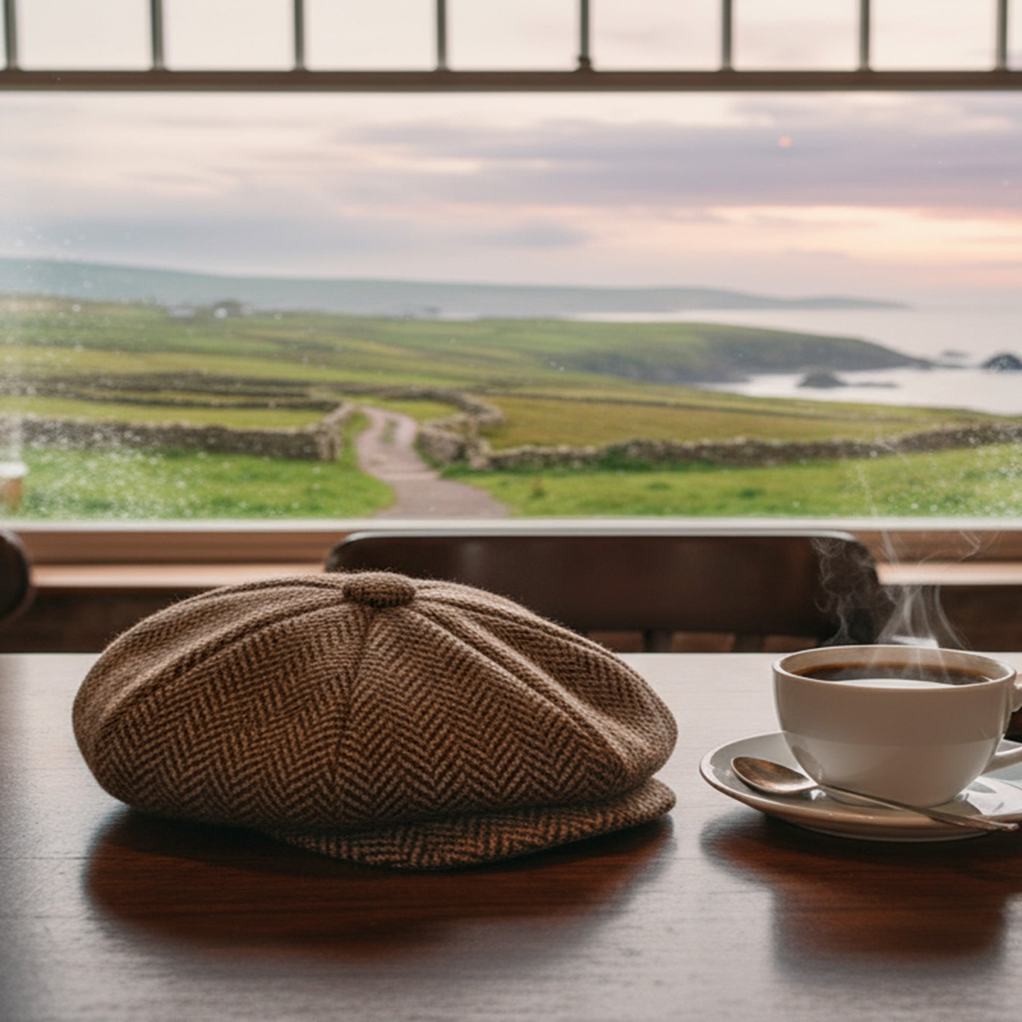 Irish Wool Tweed Newsboy Flat Cap – Brown Herringbone 8-Piece, 100% Donegal Wool Hat with Button Fastening