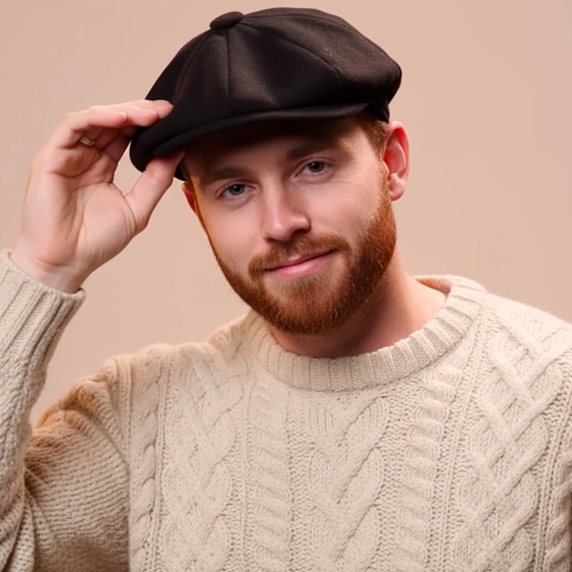 Irish Wool Tweed Newsboy Flat Cap – Black Herringbone 8-Piece, 100% Donegal Wool Hat with Button Fastening
