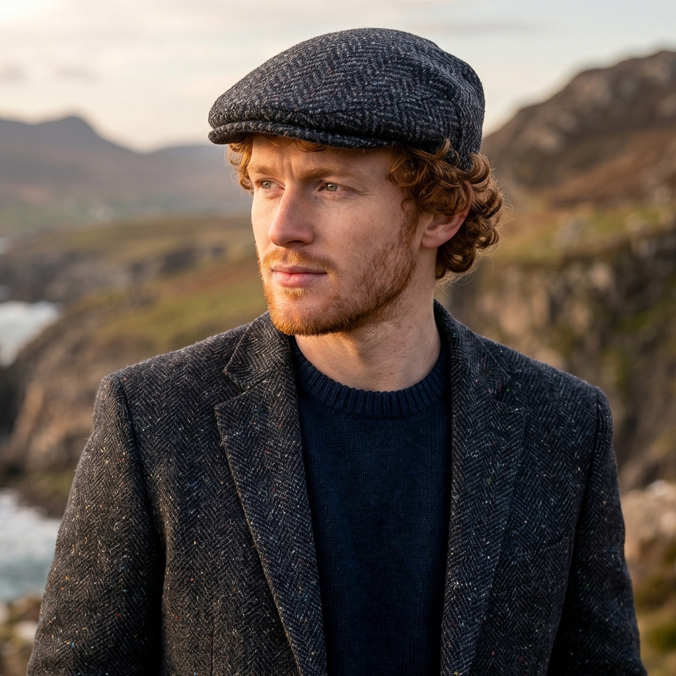 Irish Donegal Tweed Flat Cap - Charcoal Herringbone, 100% Wool Hat With Curved Peak