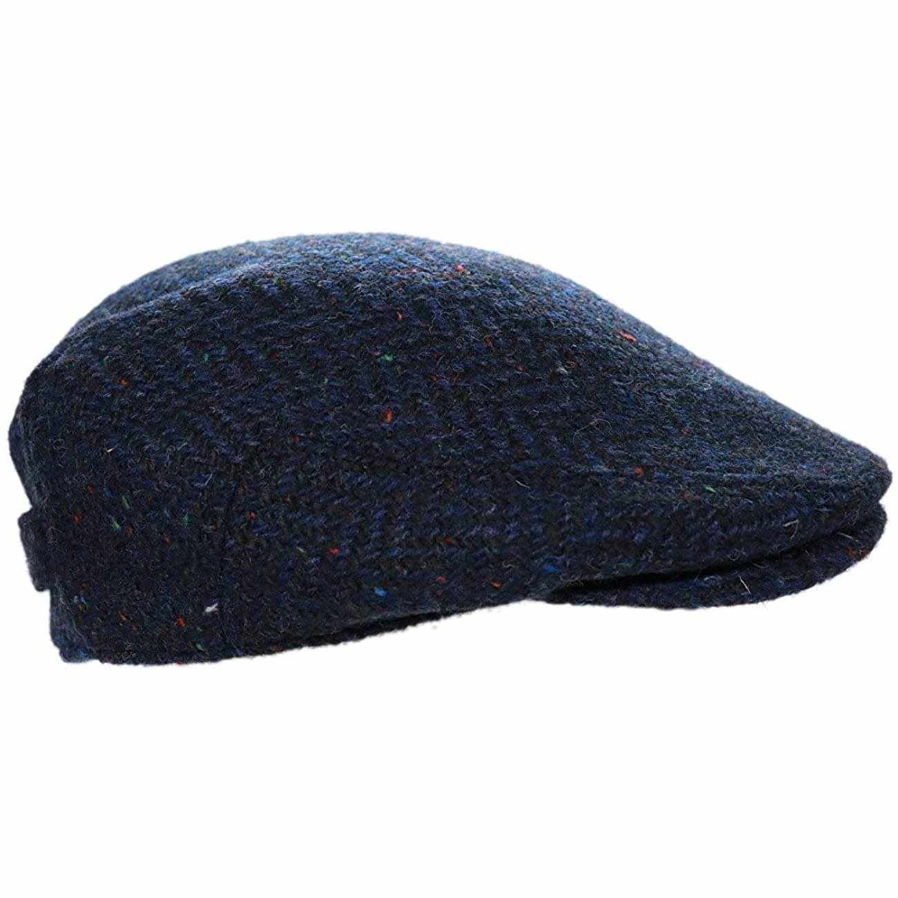 Irish Donegal Tweed Flat Cap - Navy Herringbone, 100% Wool Hat With Curved Peak